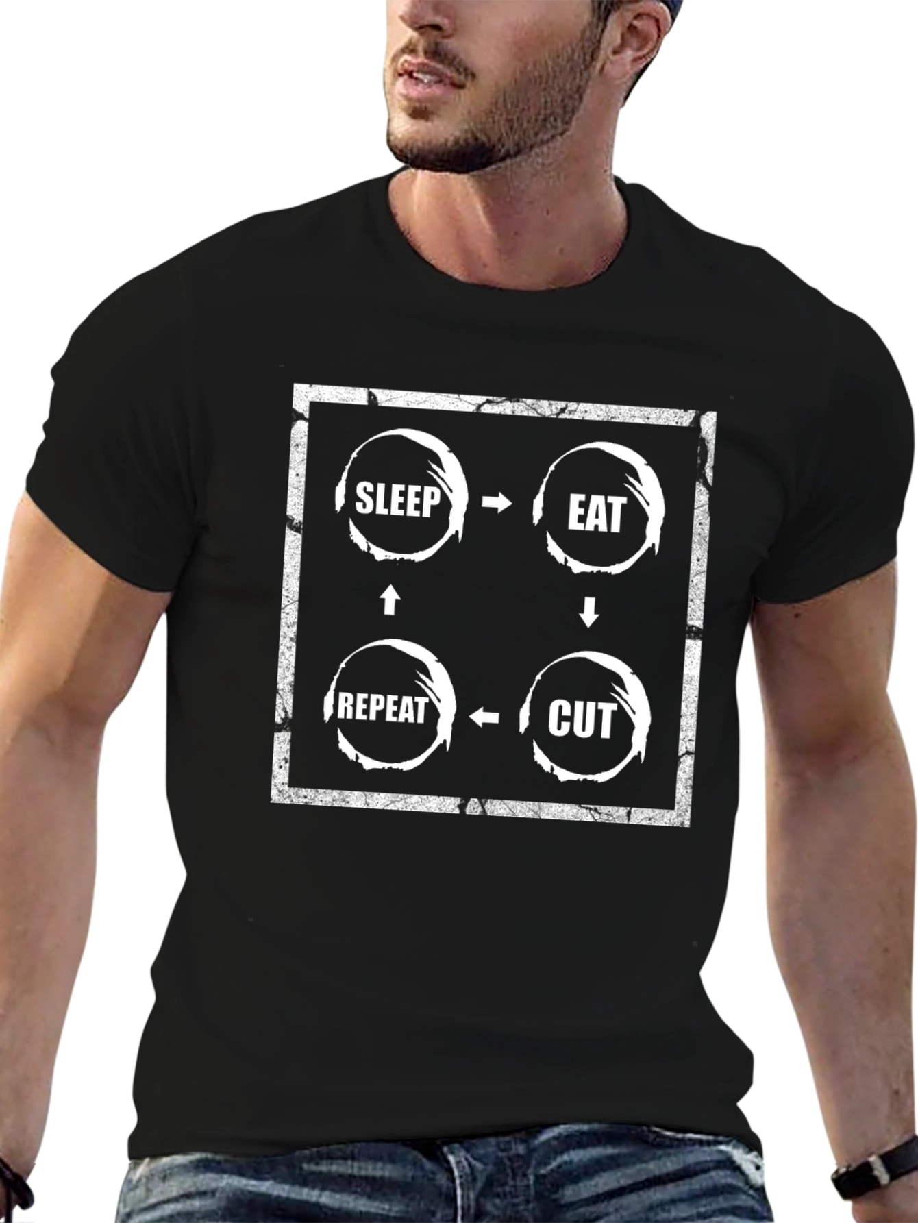 Sleep Eat Cut Repeat Graphic Tee - Black Cotton T-Shirt
