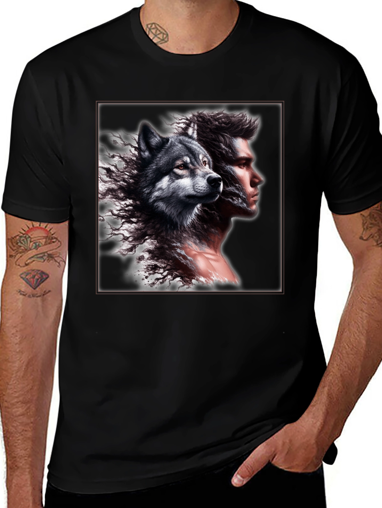 Wolf & Man Graphic Tee - Unique Design!