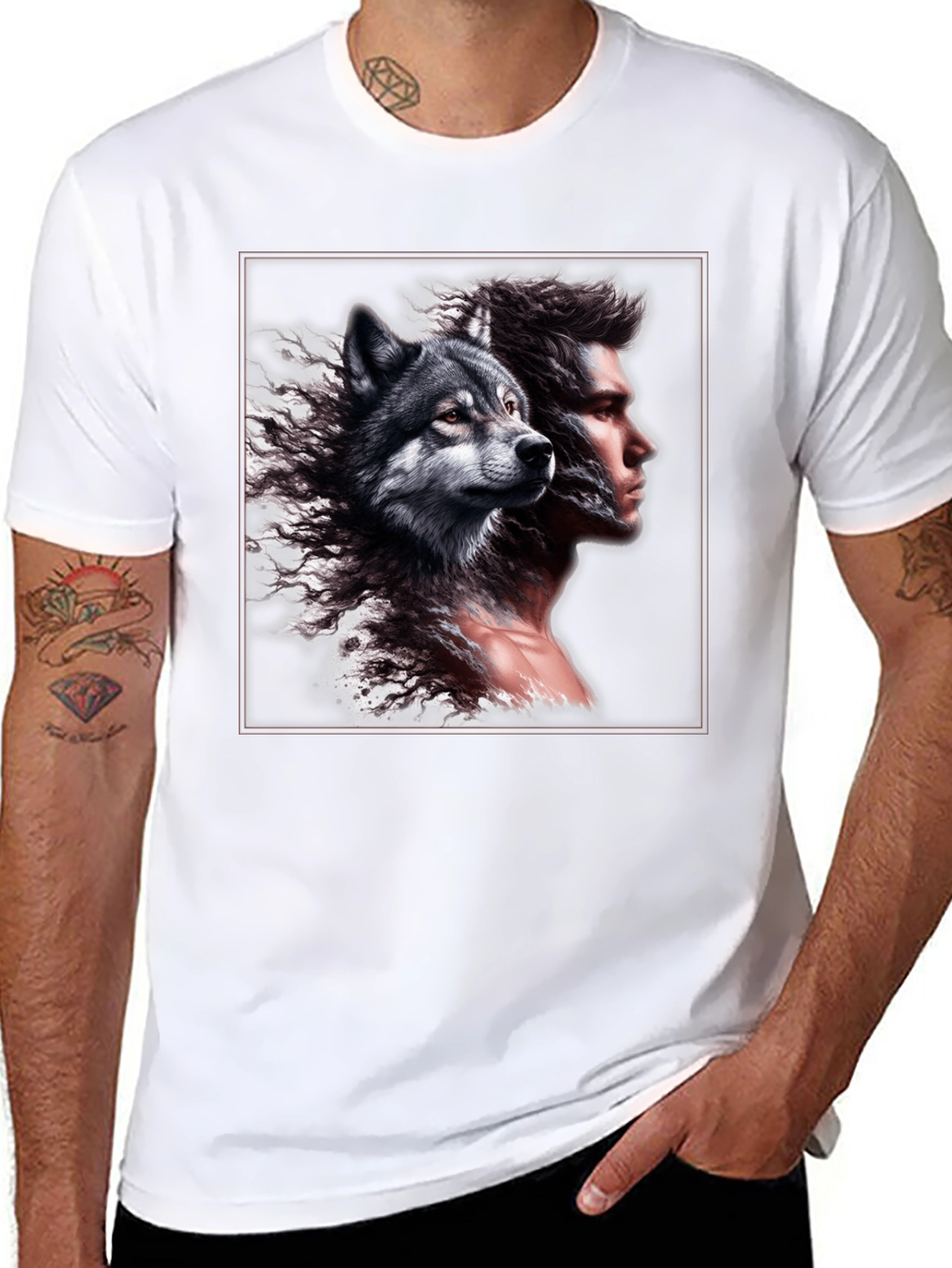 Wolf & Man Graphic Tee - Unique Design!
