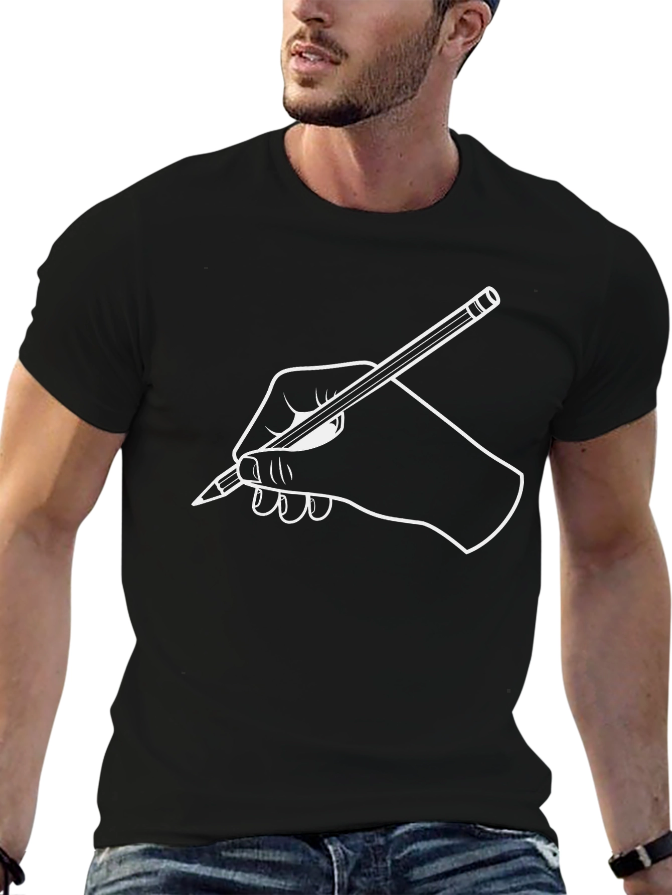 Creative Hand Drawing Graphic Tee - Black Cotton Shirt