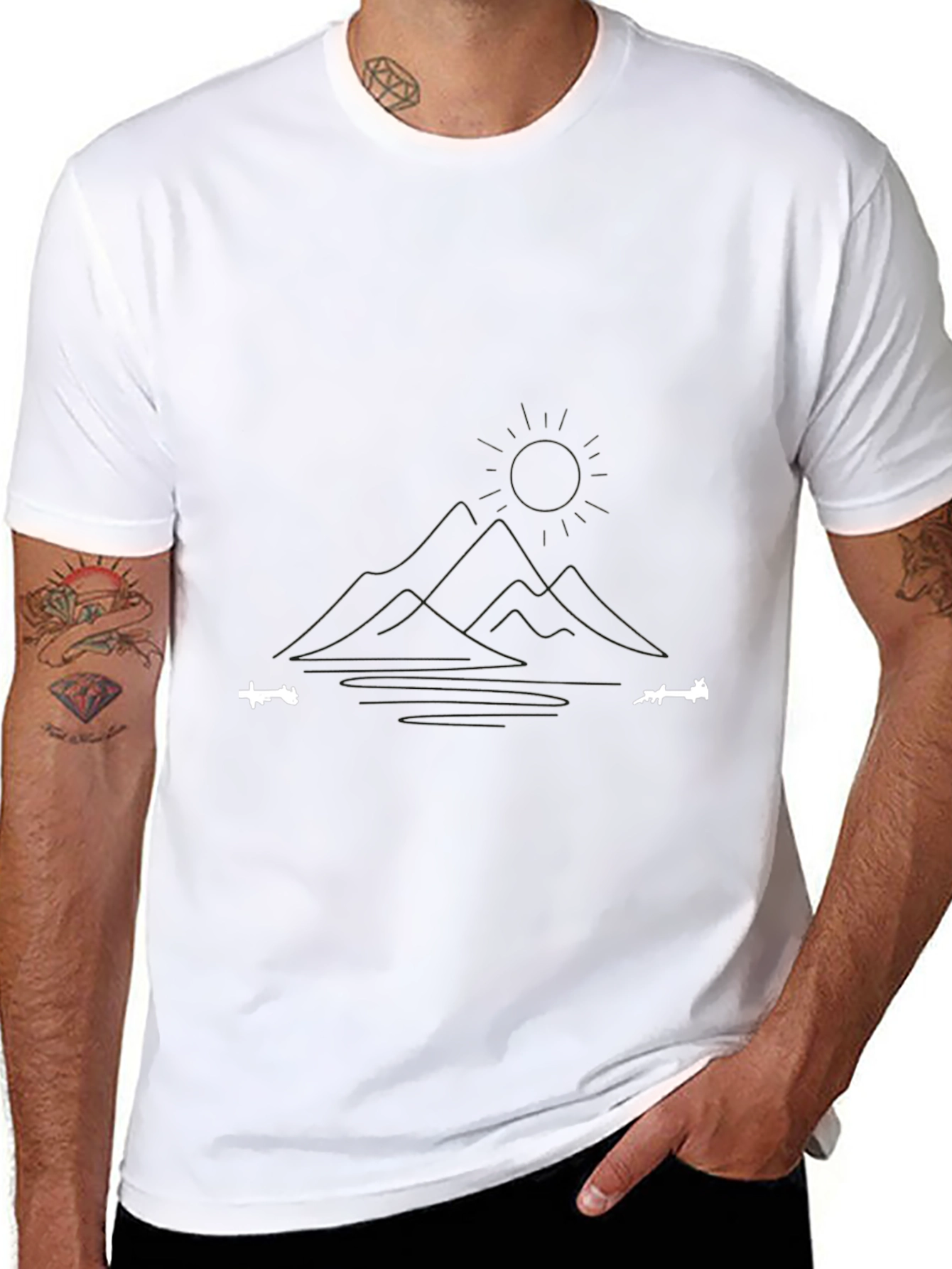 Minimalist Mountain & Lake Graphic Black T-Shirt