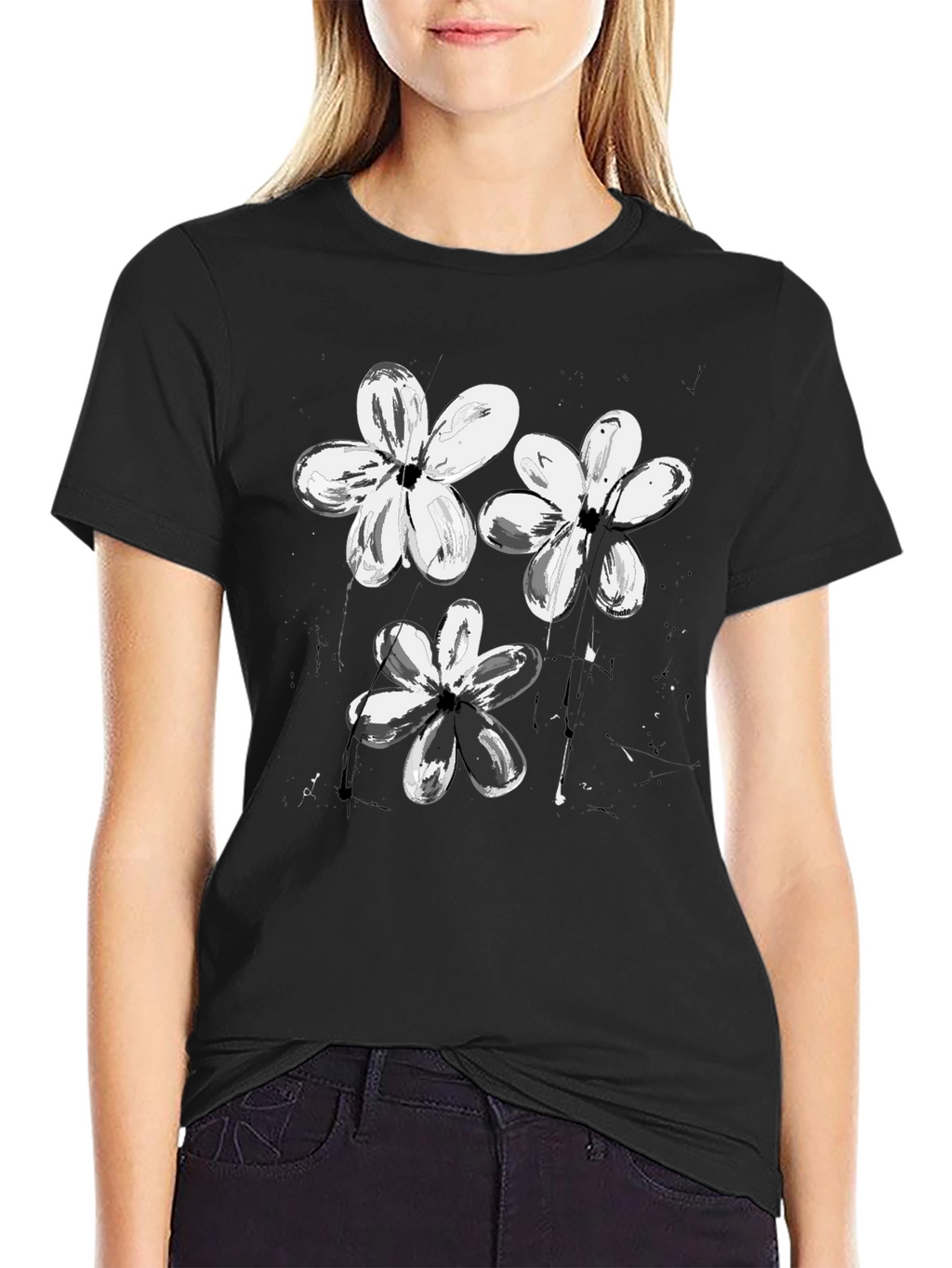Abstract Floral Print Black T-Shirt