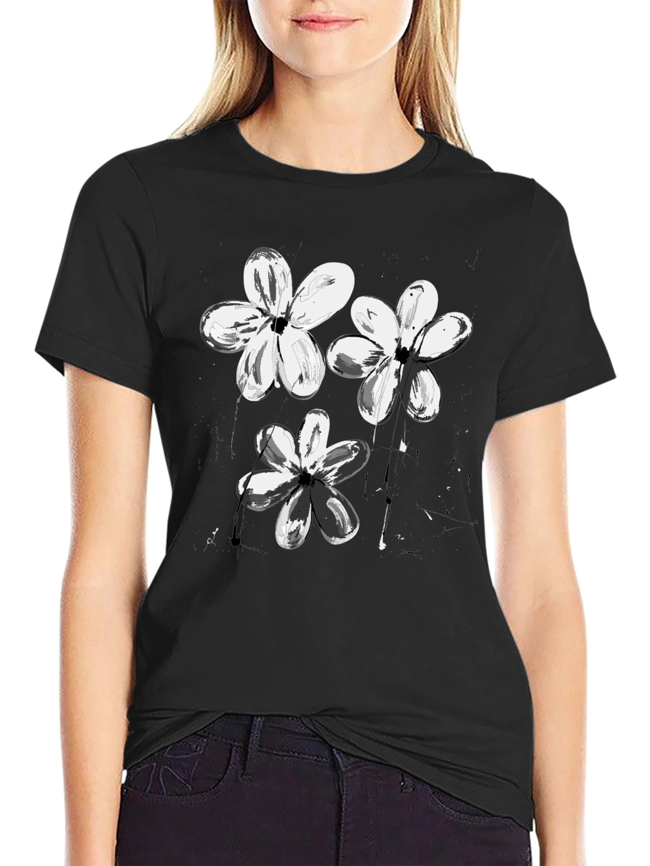 Abstract Floral Print Black T-Shirt
