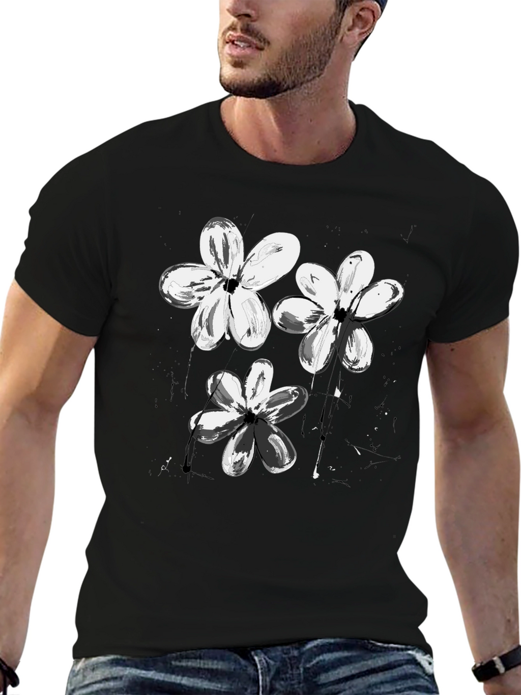 Abstract Floral Print Black T-Shirt