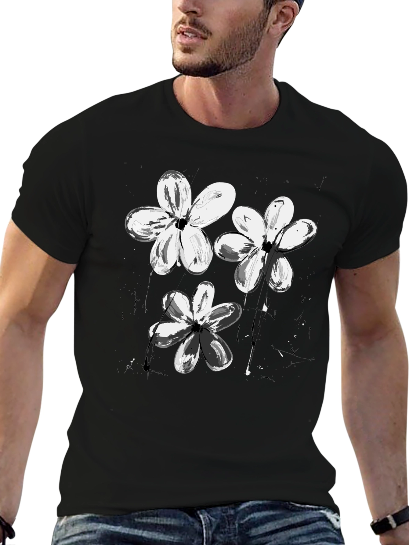 Abstract Floral Print Black T-Shirt