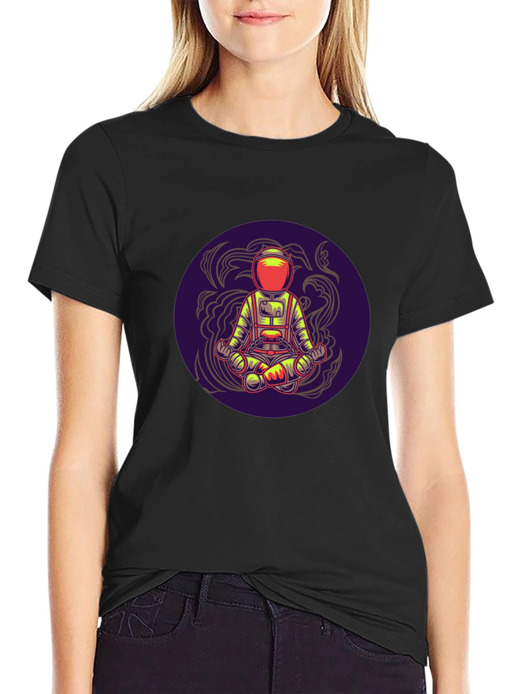 Astronaut in Lotus Pose Black T-Shirt