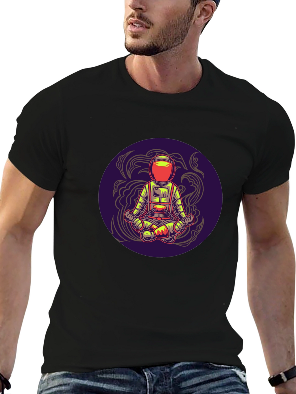 Astronaut in Lotus Pose Black T-Shirt
