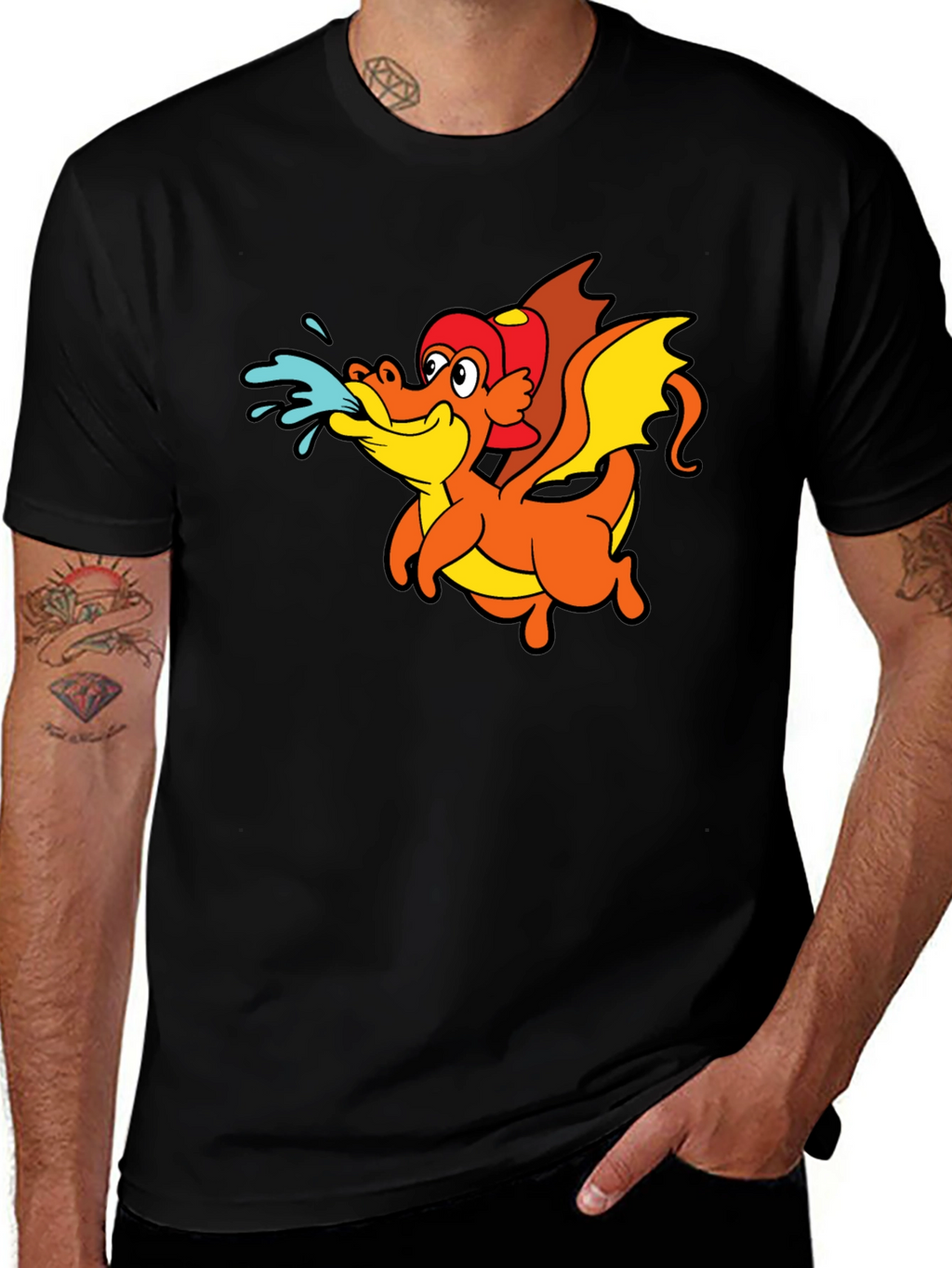 Cartoon Dragon T-Shirt - Black Crew Neck