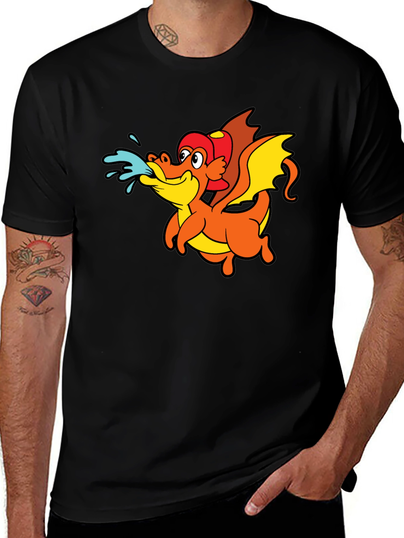 Cartoon Dragon T-Shirt - Black Crew Neck