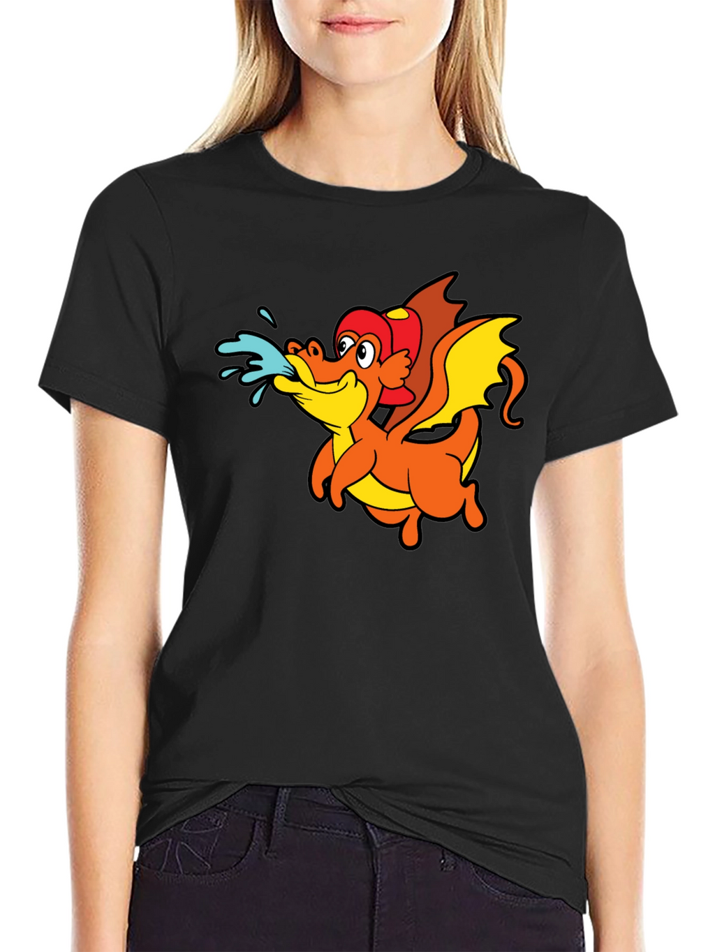 Cartoon Dragon T-Shirt - Black Crew Neck