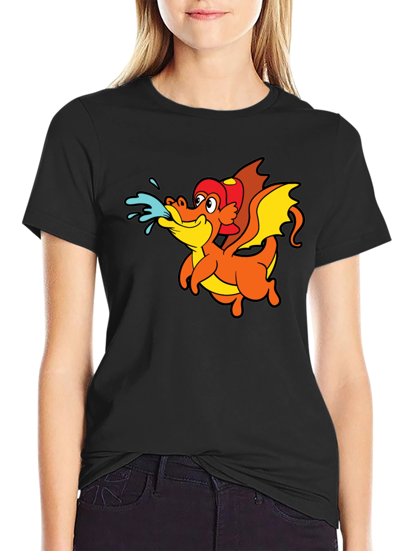Cartoon Dragon T-Shirt - Black Crew Neck