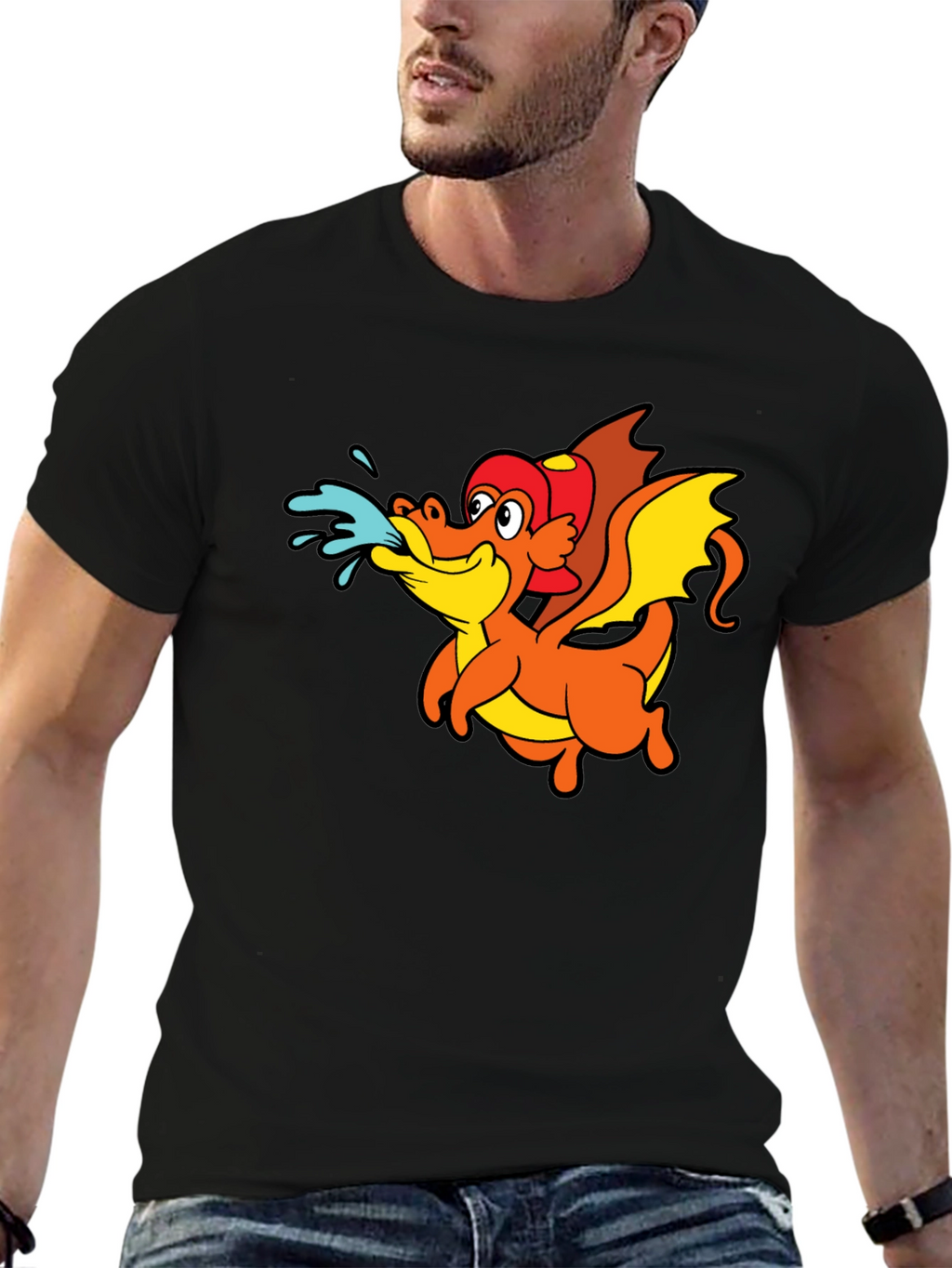 Cartoon Dragon T-Shirt - Black Crew Neck