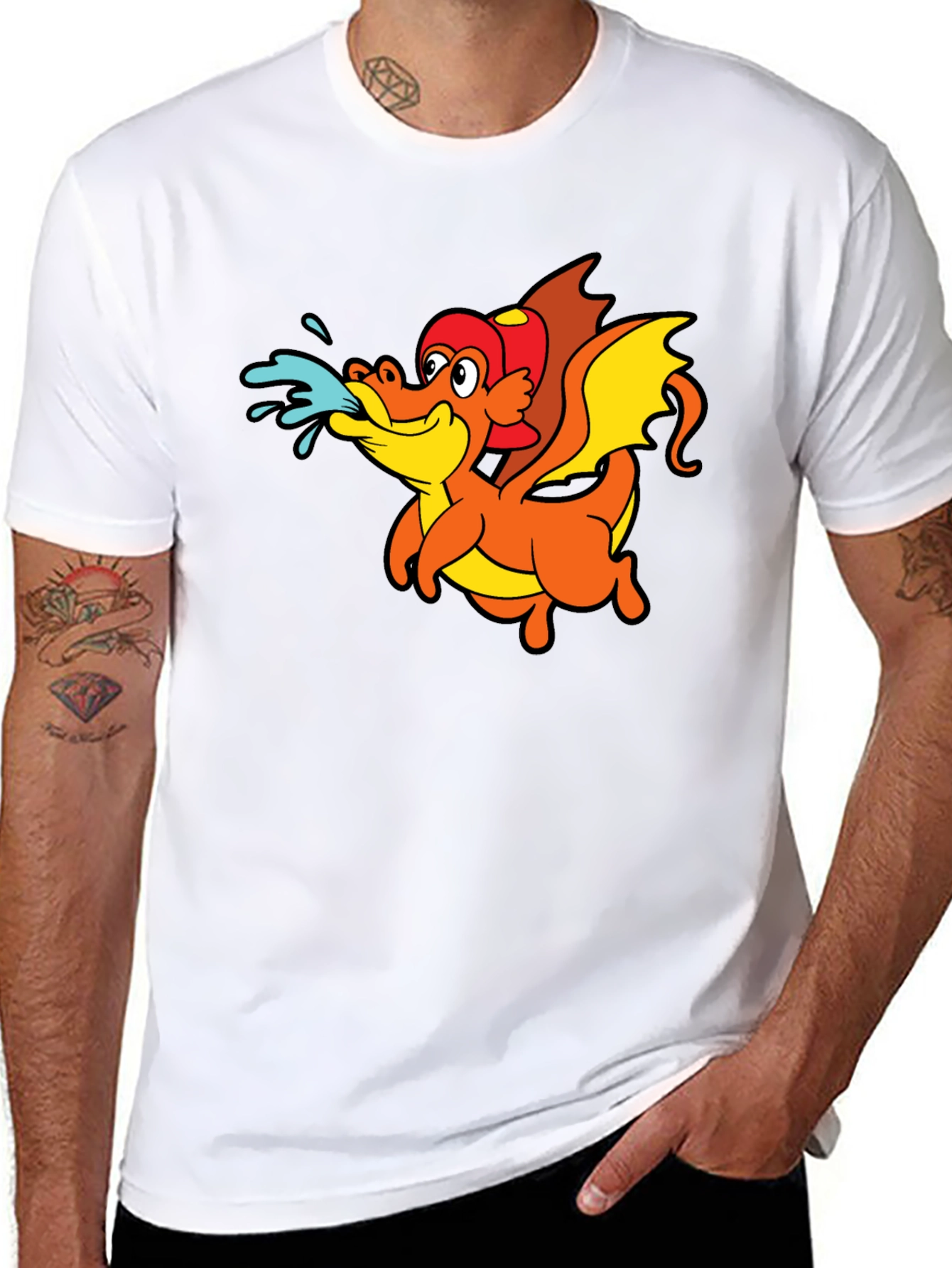 Cartoon Dragon T-Shirt - Black Crew Neck