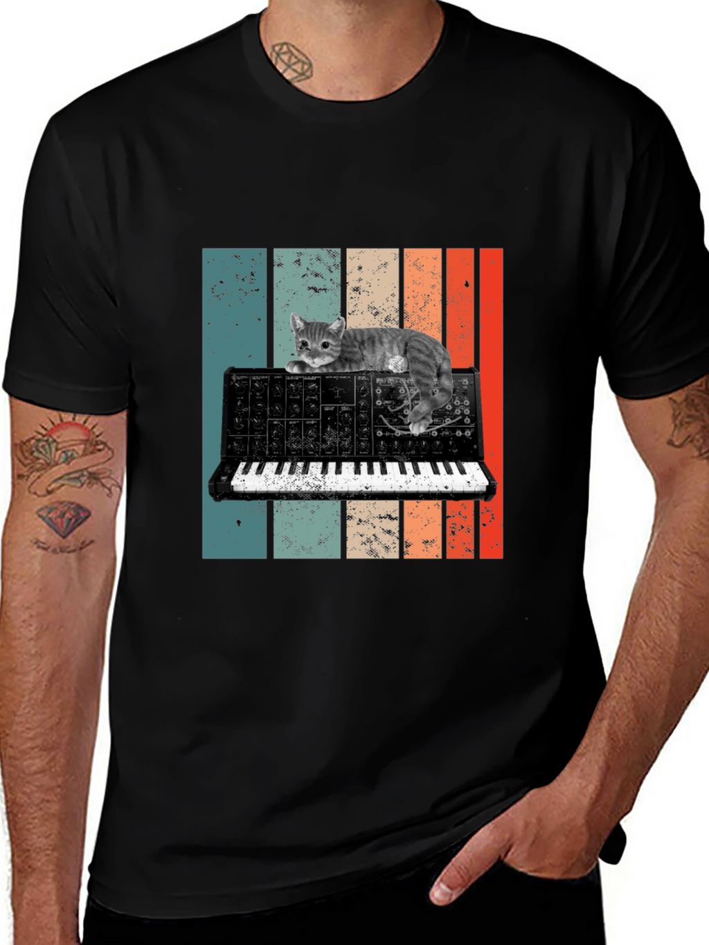 Cat Keyboard T-Shirt - Retro Synth Design