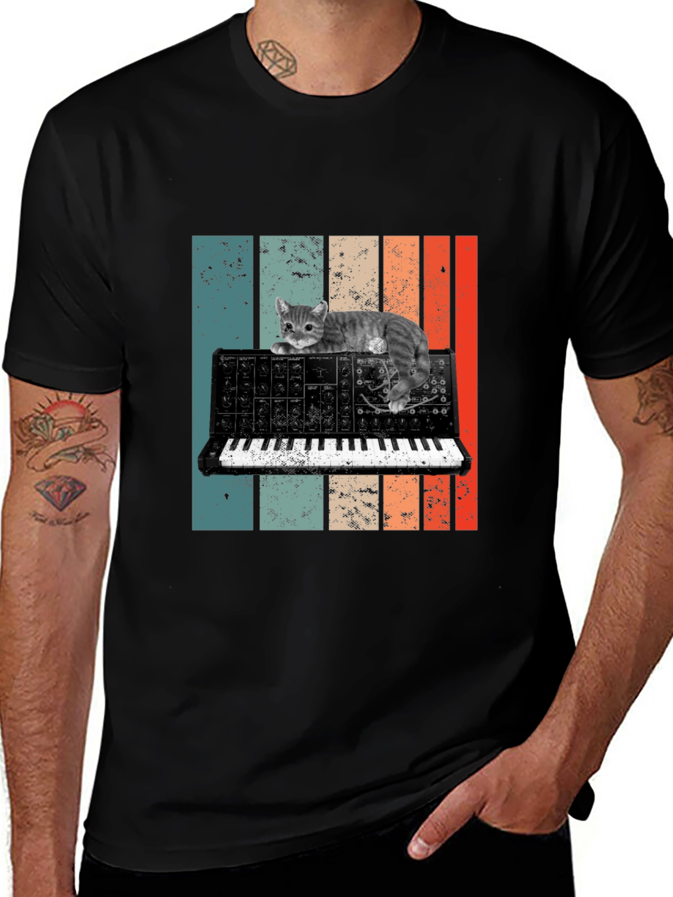 Cat Keyboard T-Shirt - Retro Synth Design
