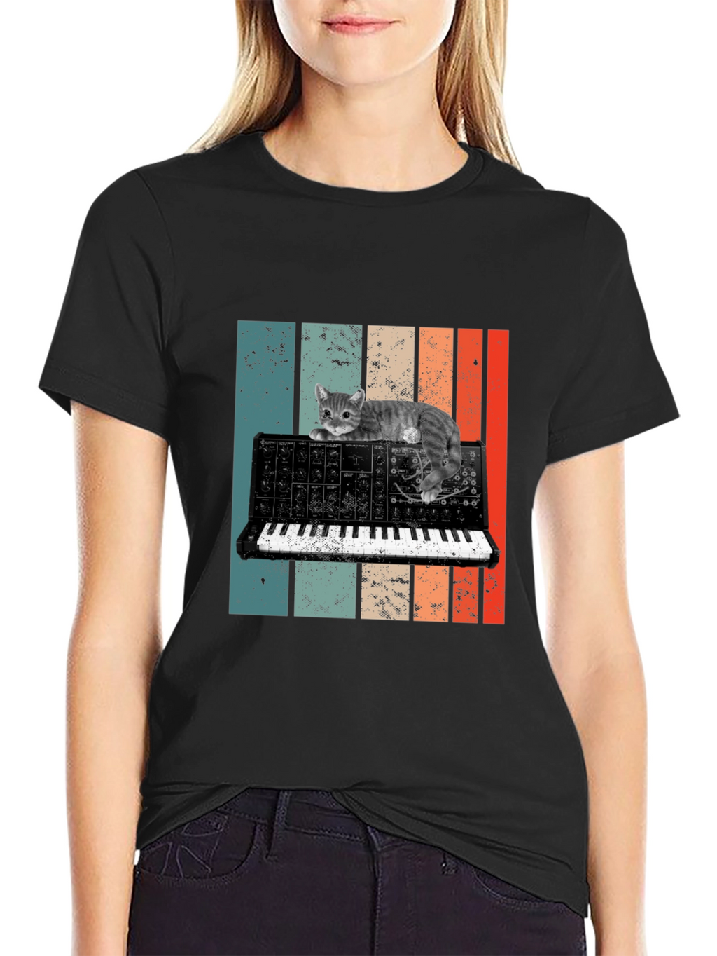 Cat Keyboard T-Shirt - Retro Synth Design