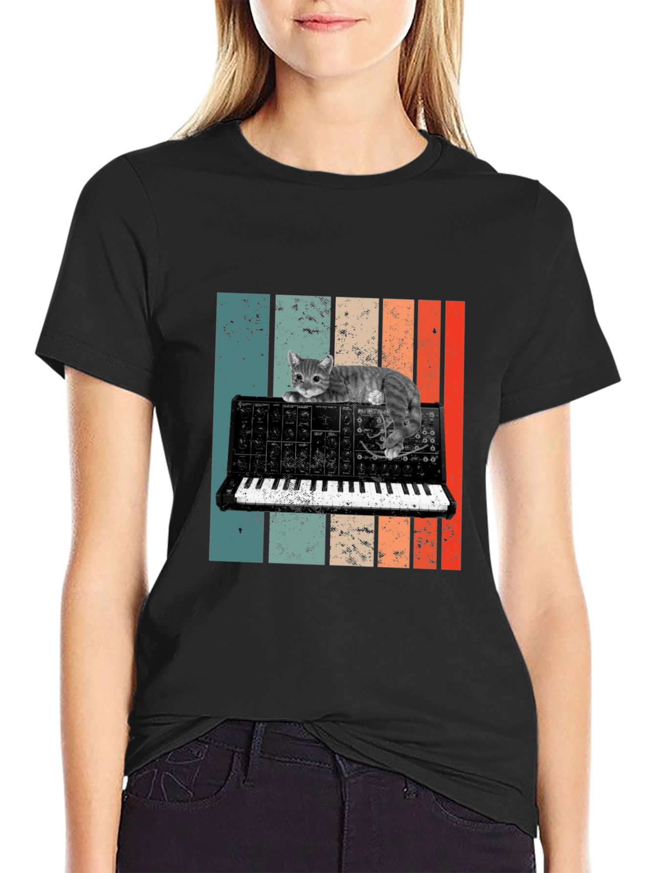 Cat Keyboard T-Shirt - Retro Synth Design