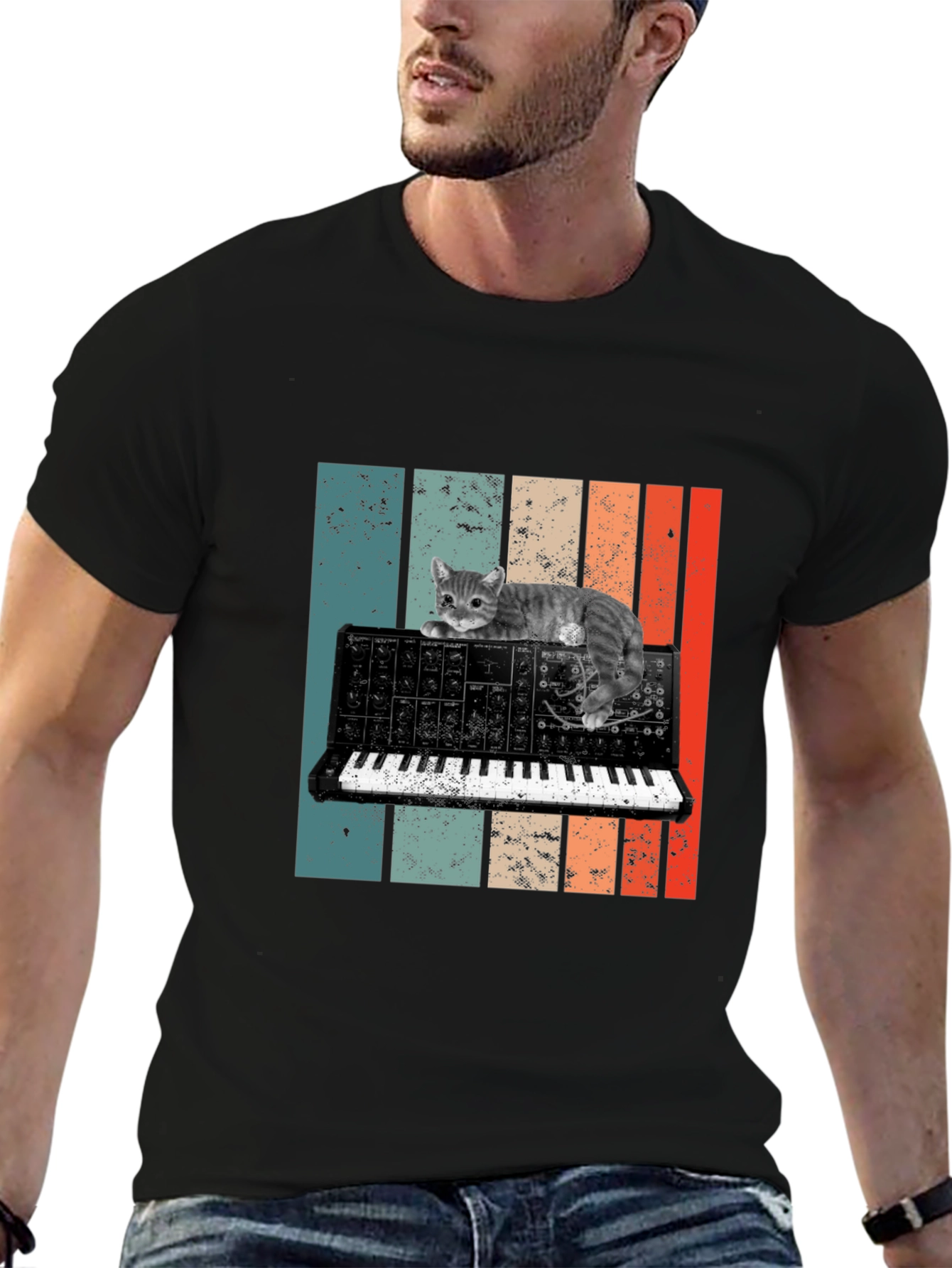 Cat Keyboard T-Shirt - Retro Synth Design