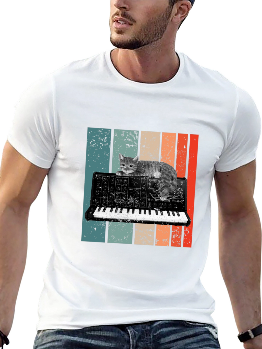Cat Keyboard T-Shirt - Retro Synth Design