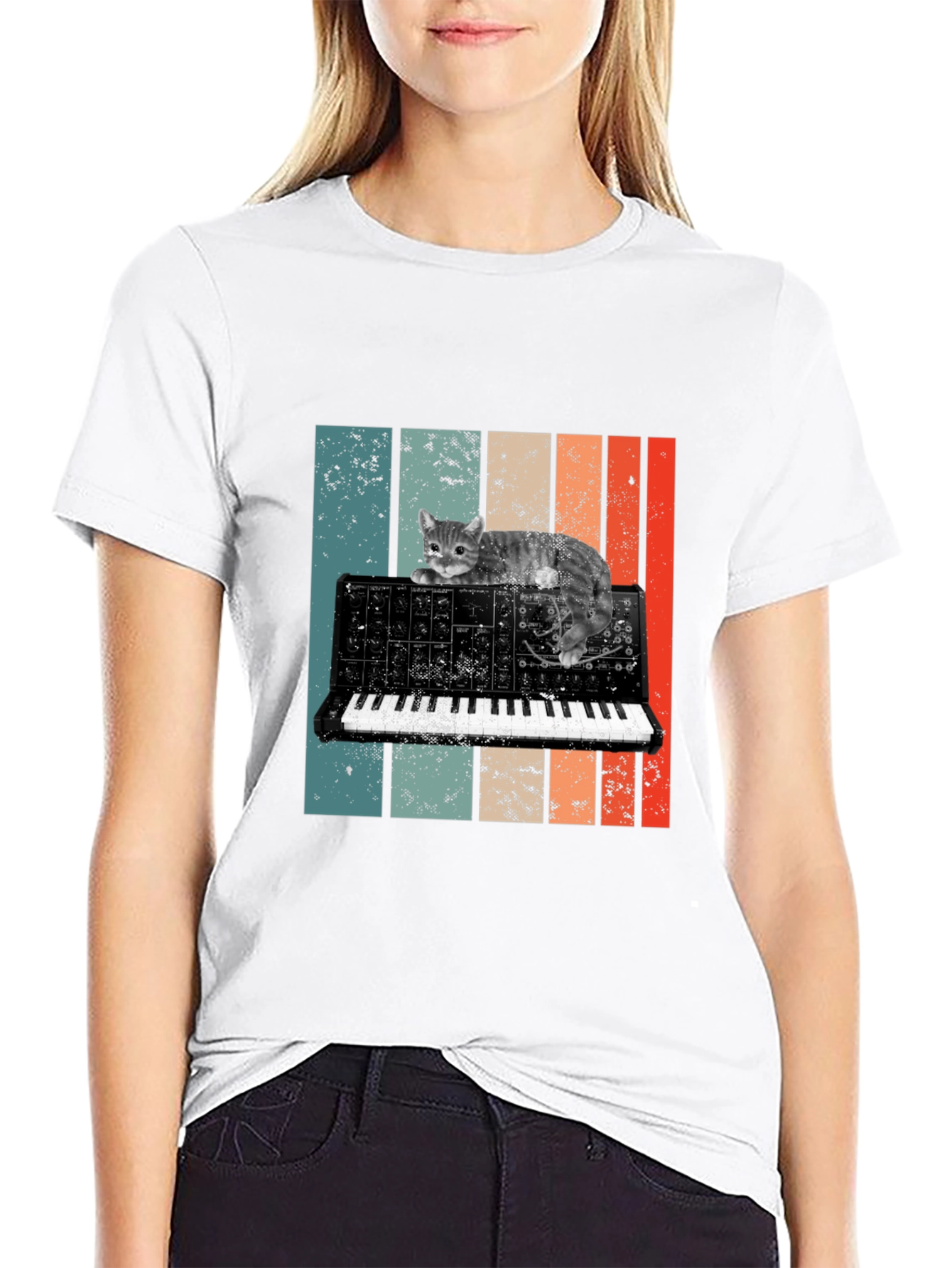 Cat Keyboard T-Shirt - Retro Synth Design