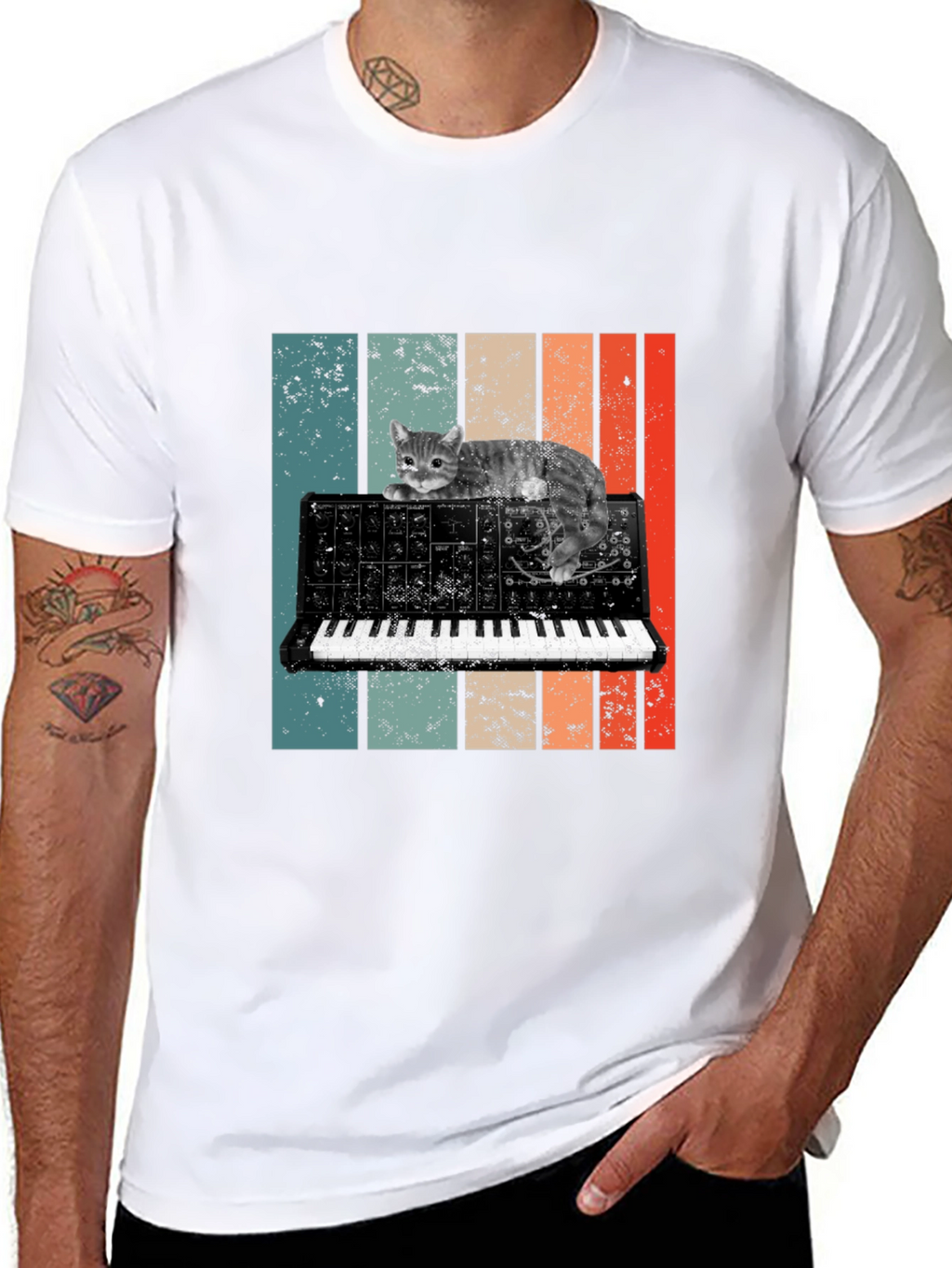 Cat Keyboard T-Shirt - Retro Synth Design