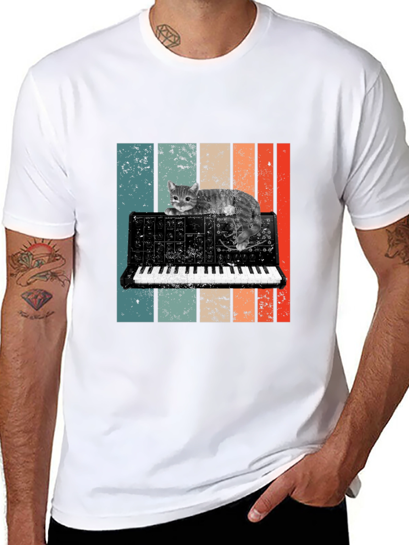 Cat Keyboard T-Shirt - Retro Synth Design