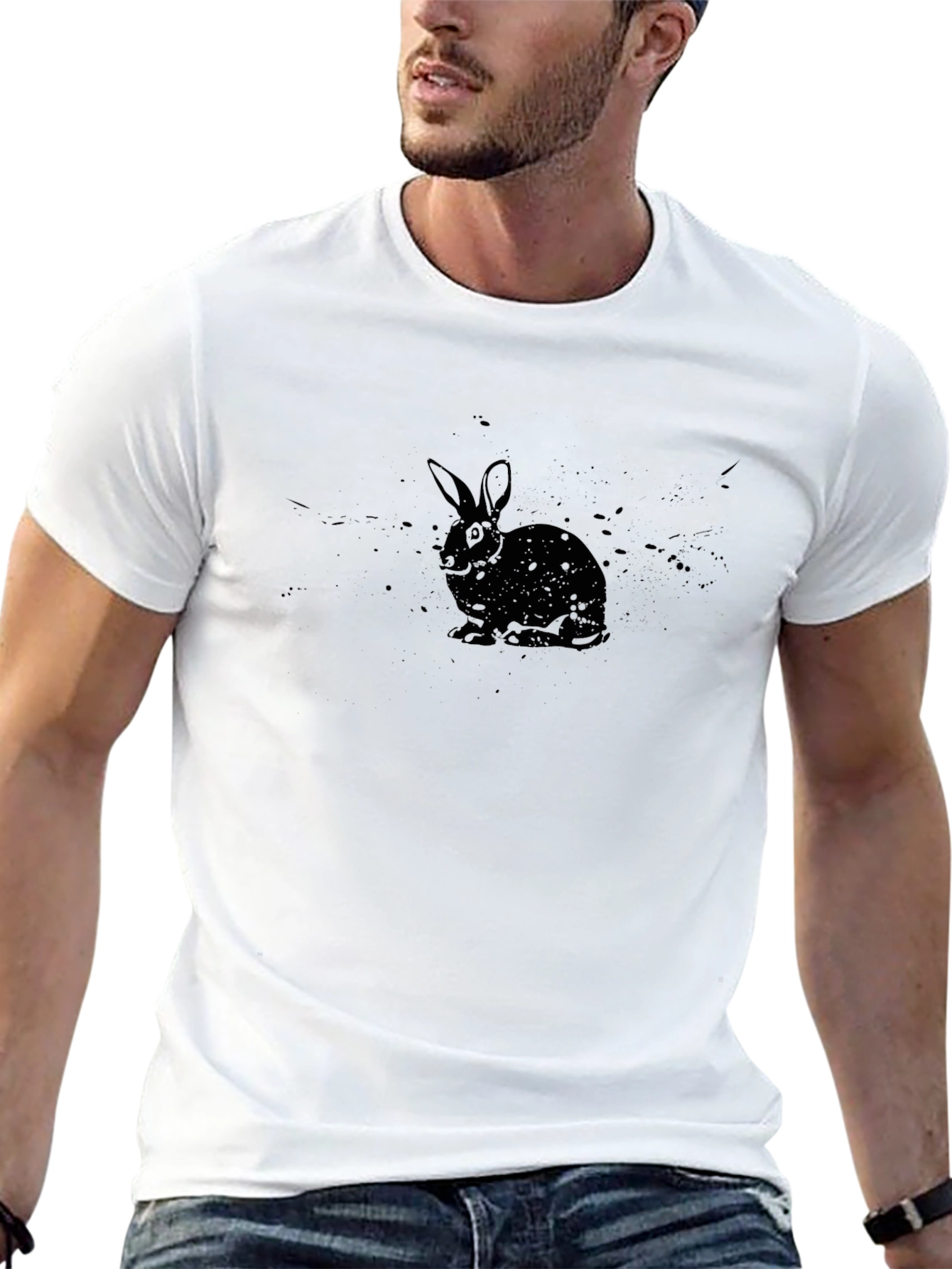 Rabbit Graphic Print T-Shirt - Casual Black Tee