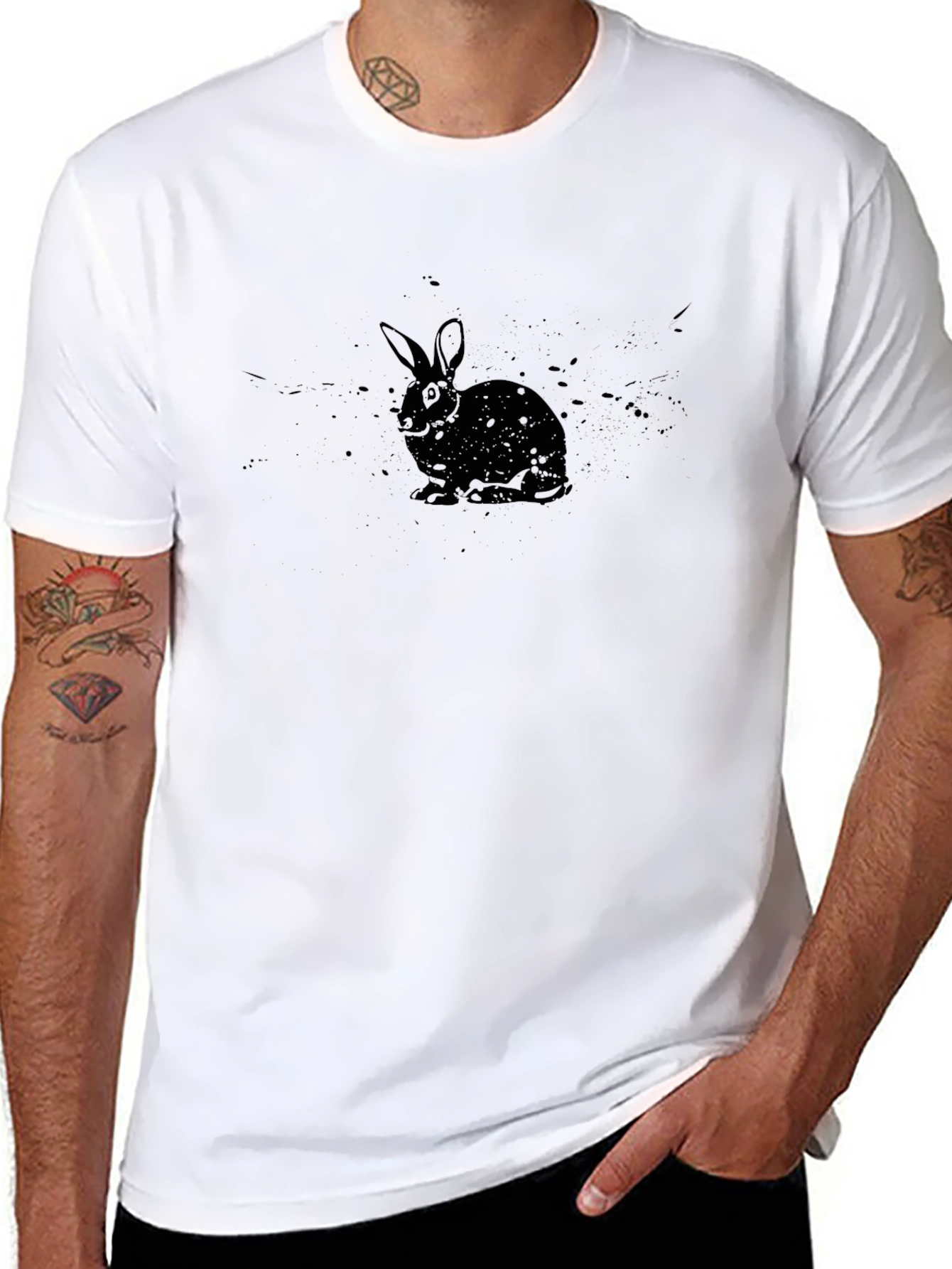 Rabbit Graphic Print T-Shirt - Casual Black Tee