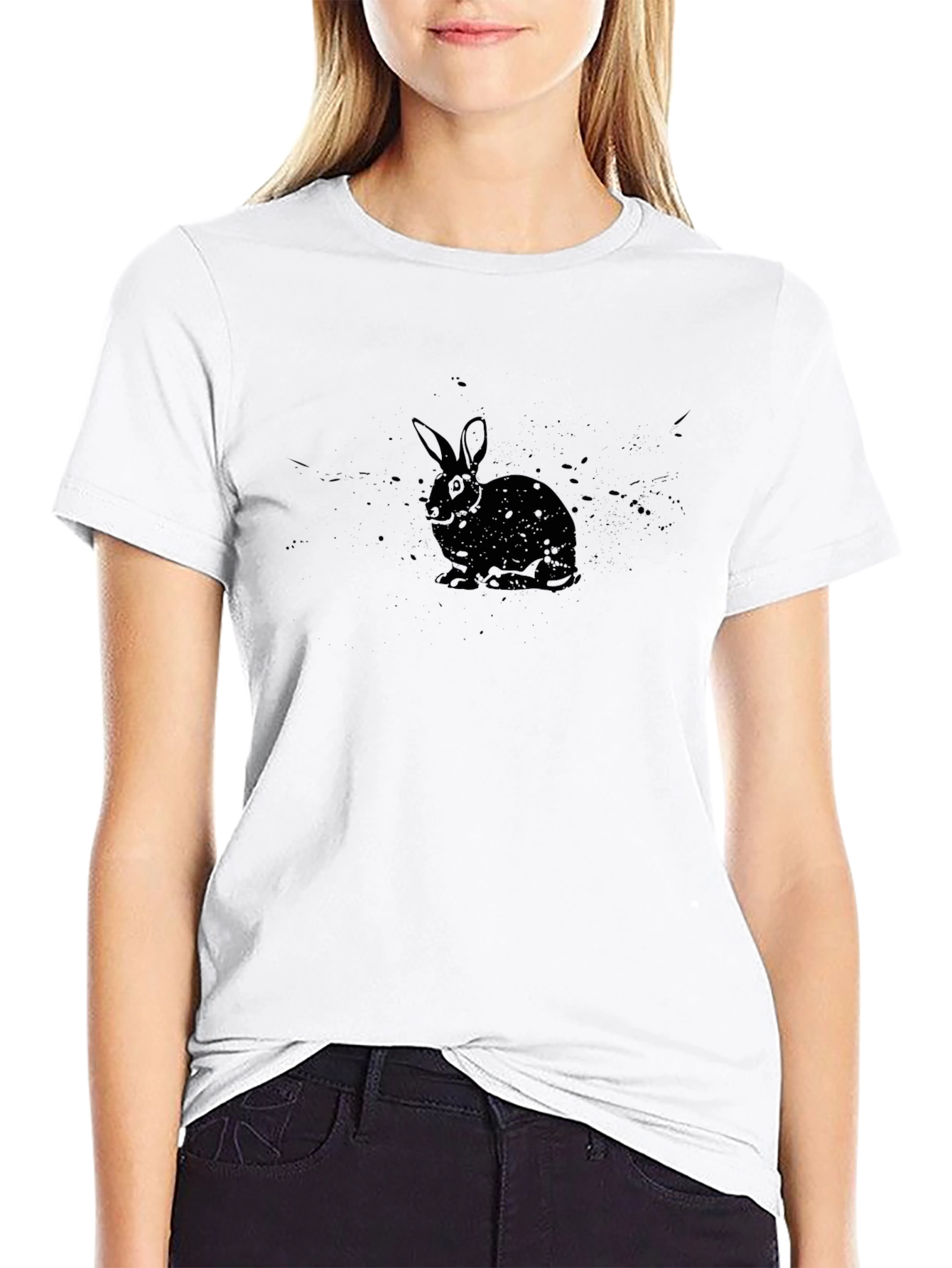 Rabbit Graphic Print T-Shirt - Casual Black Tee