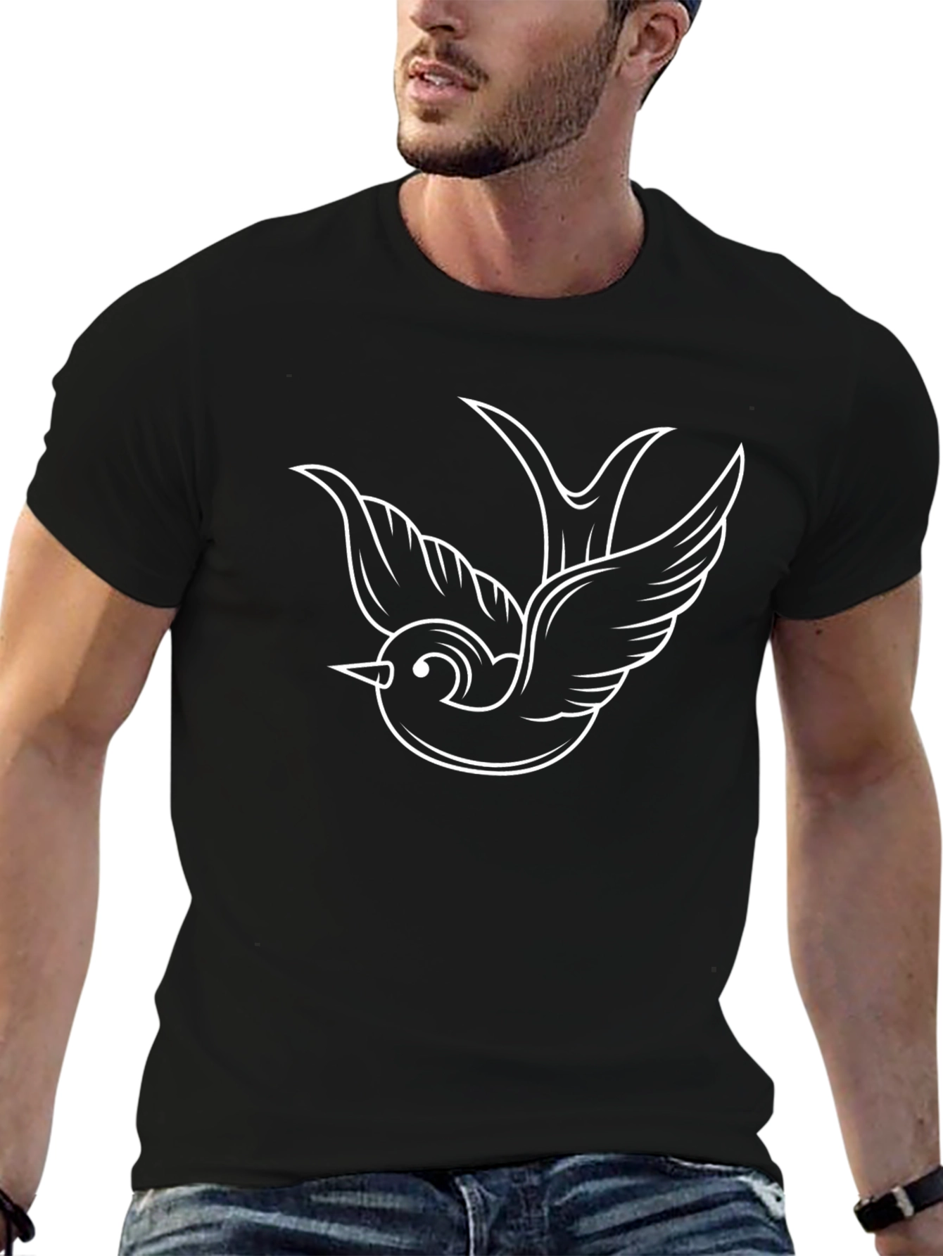 Black T-Shirt with White Sparrow Graphic