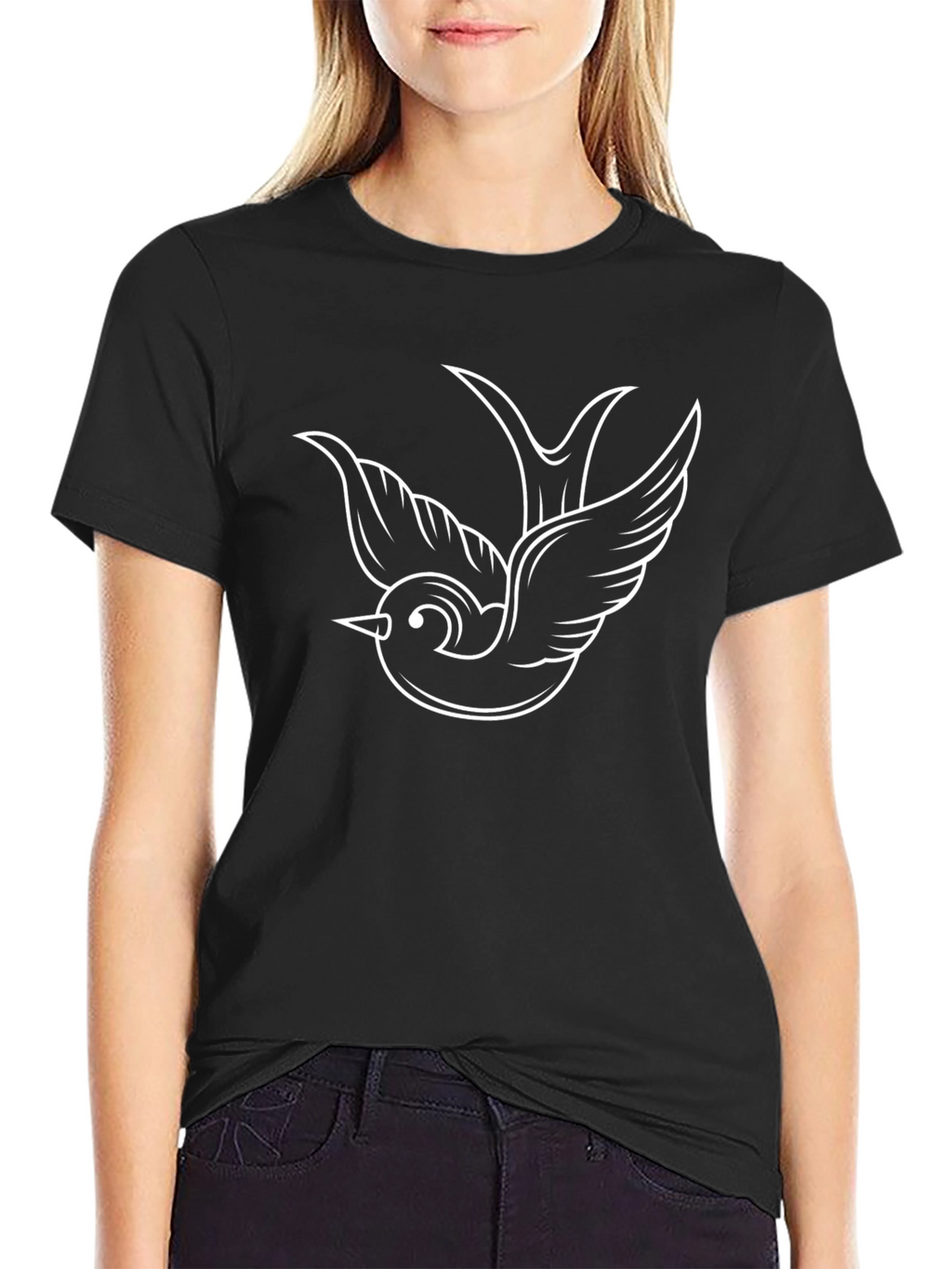 Black T-Shirt with White Sparrow Graphic