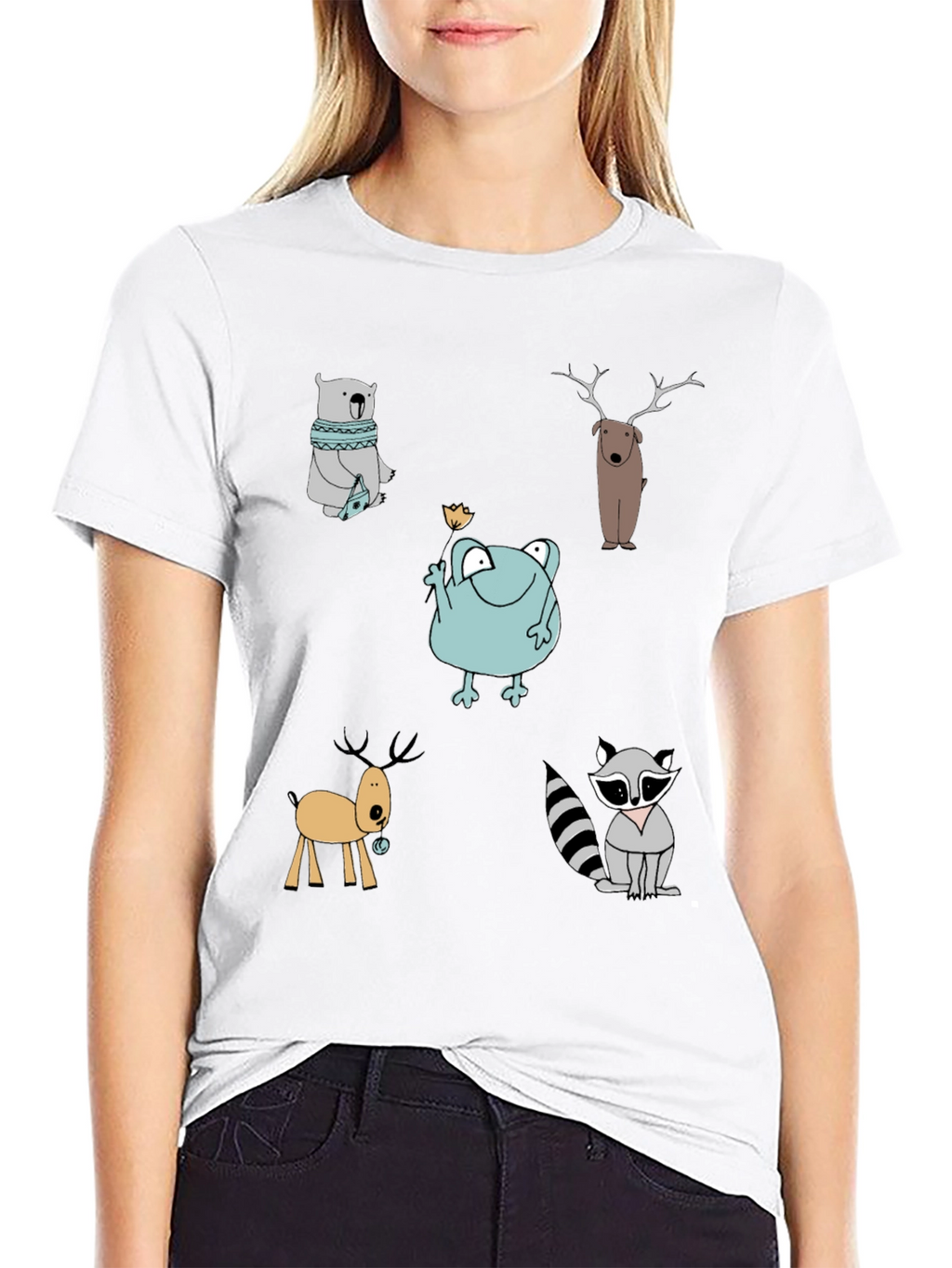 Cartoon Animal Print Crew Neck T-Shirt