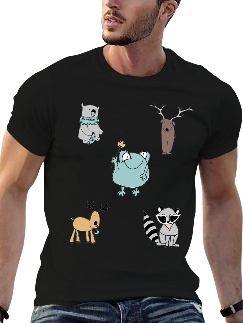 Cartoon Animal Print Crew Neck T-Shirt