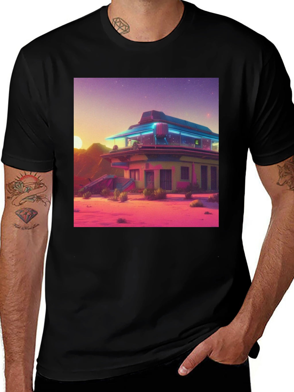Retro Desert Diner Graphic Tee - Black