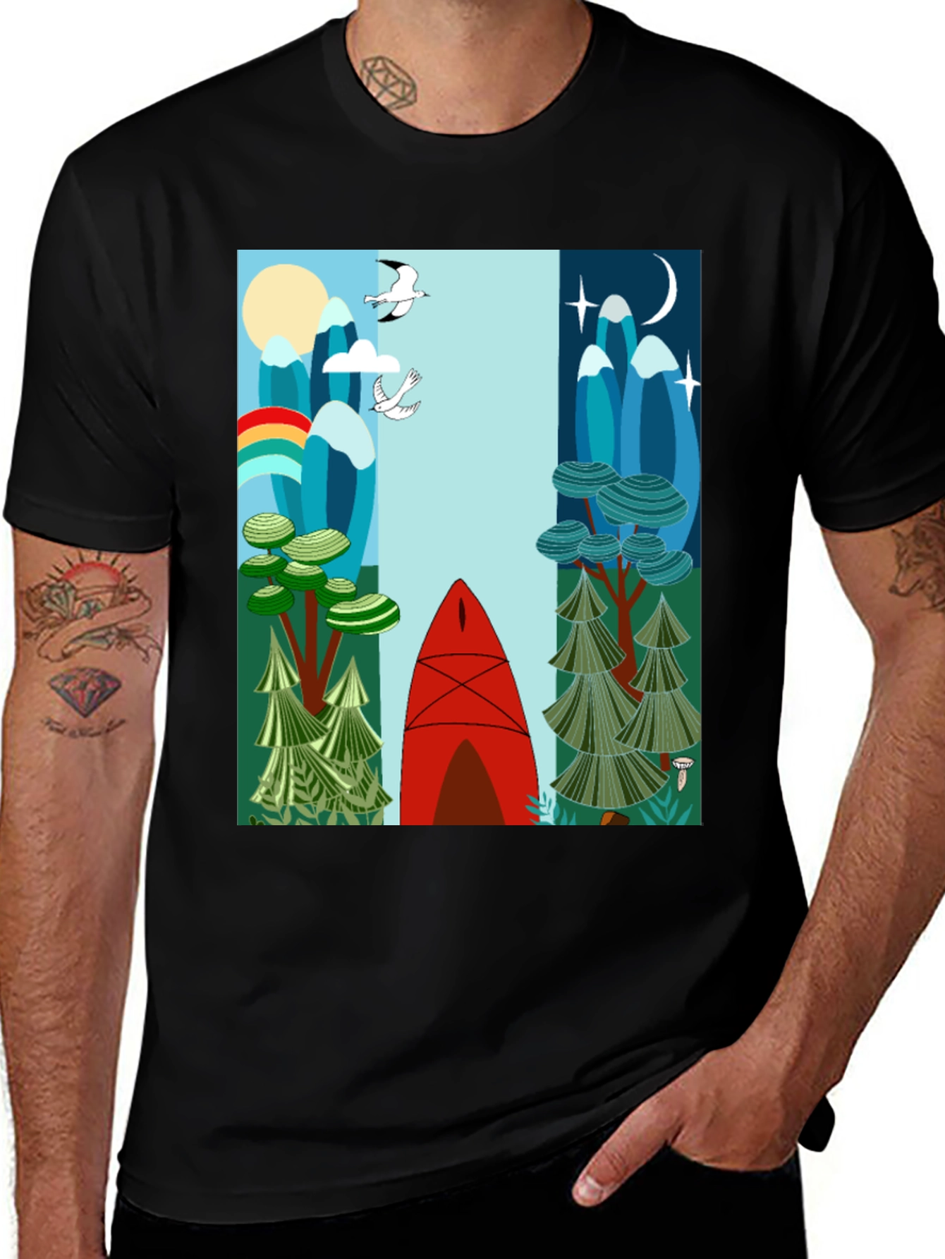 Nature-Inspired Graphic Tee - Day & Night Canoe Design