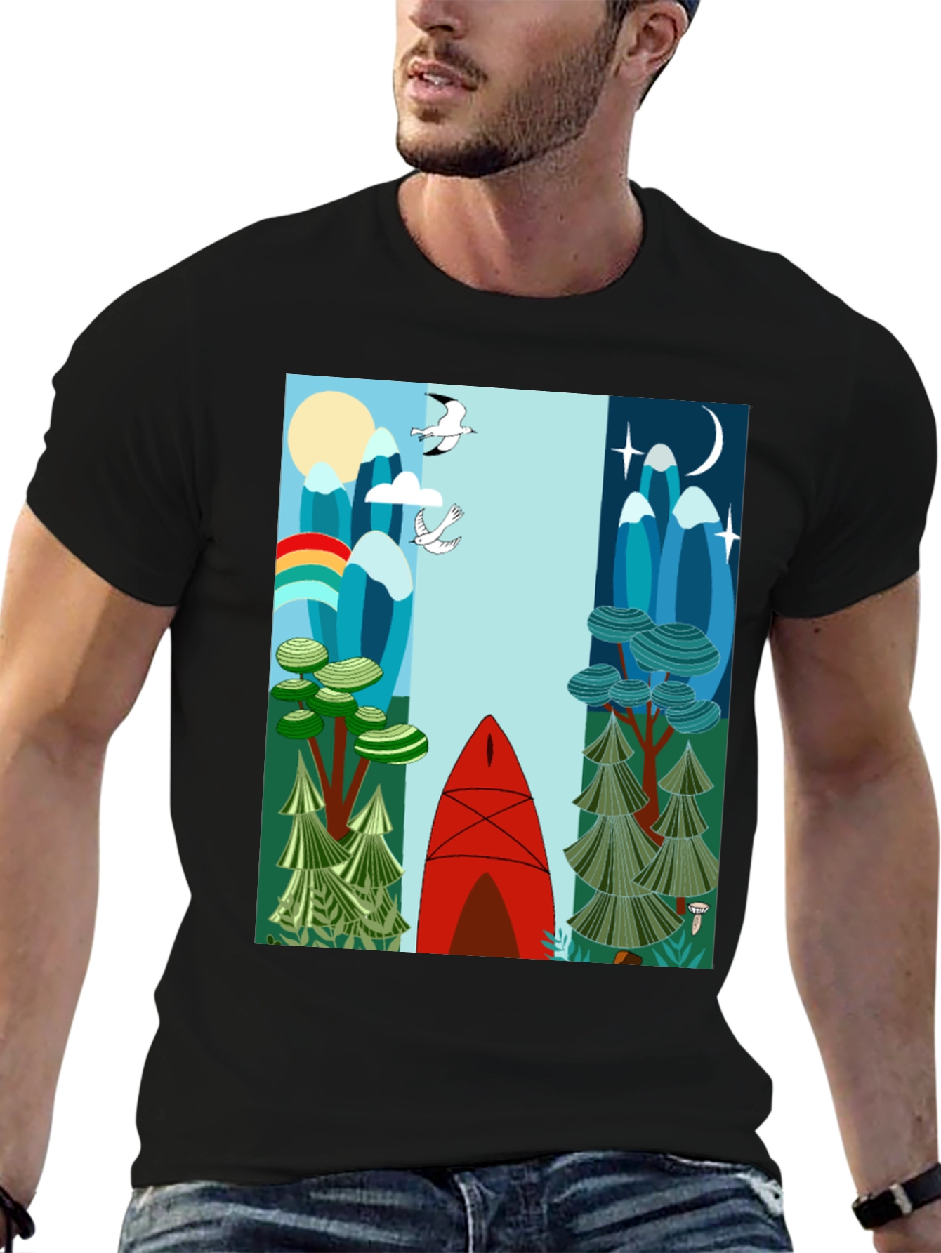 Nature-Inspired Graphic Tee - Day & Night Canoe Design