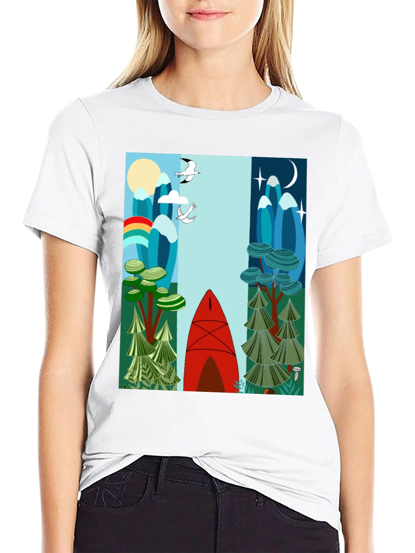 Nature-Inspired Graphic Tee - Day & Night Canoe Design