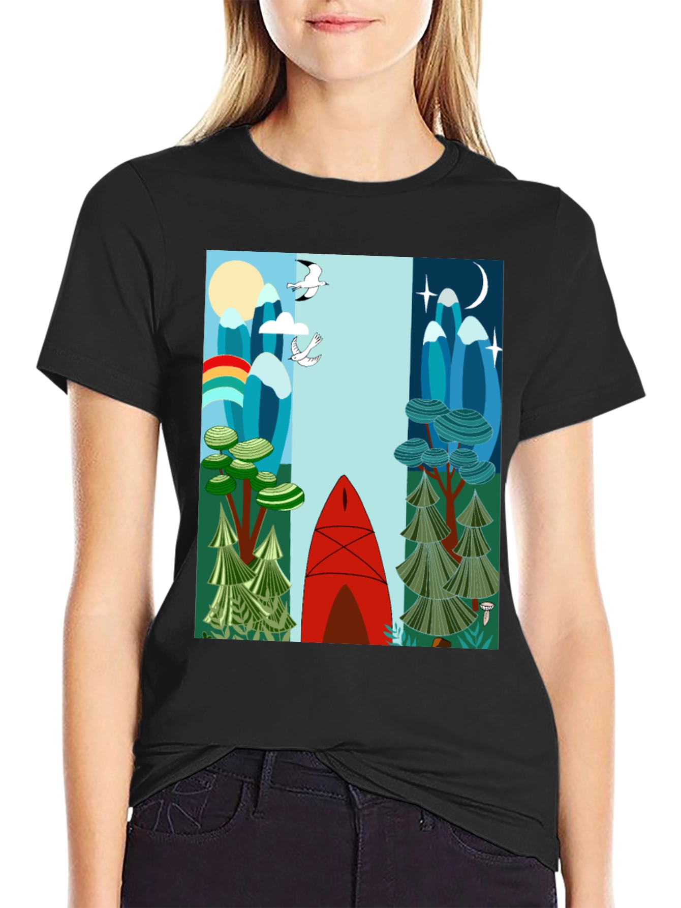 Nature-Inspired Graphic Tee - Day & Night Canoe Design