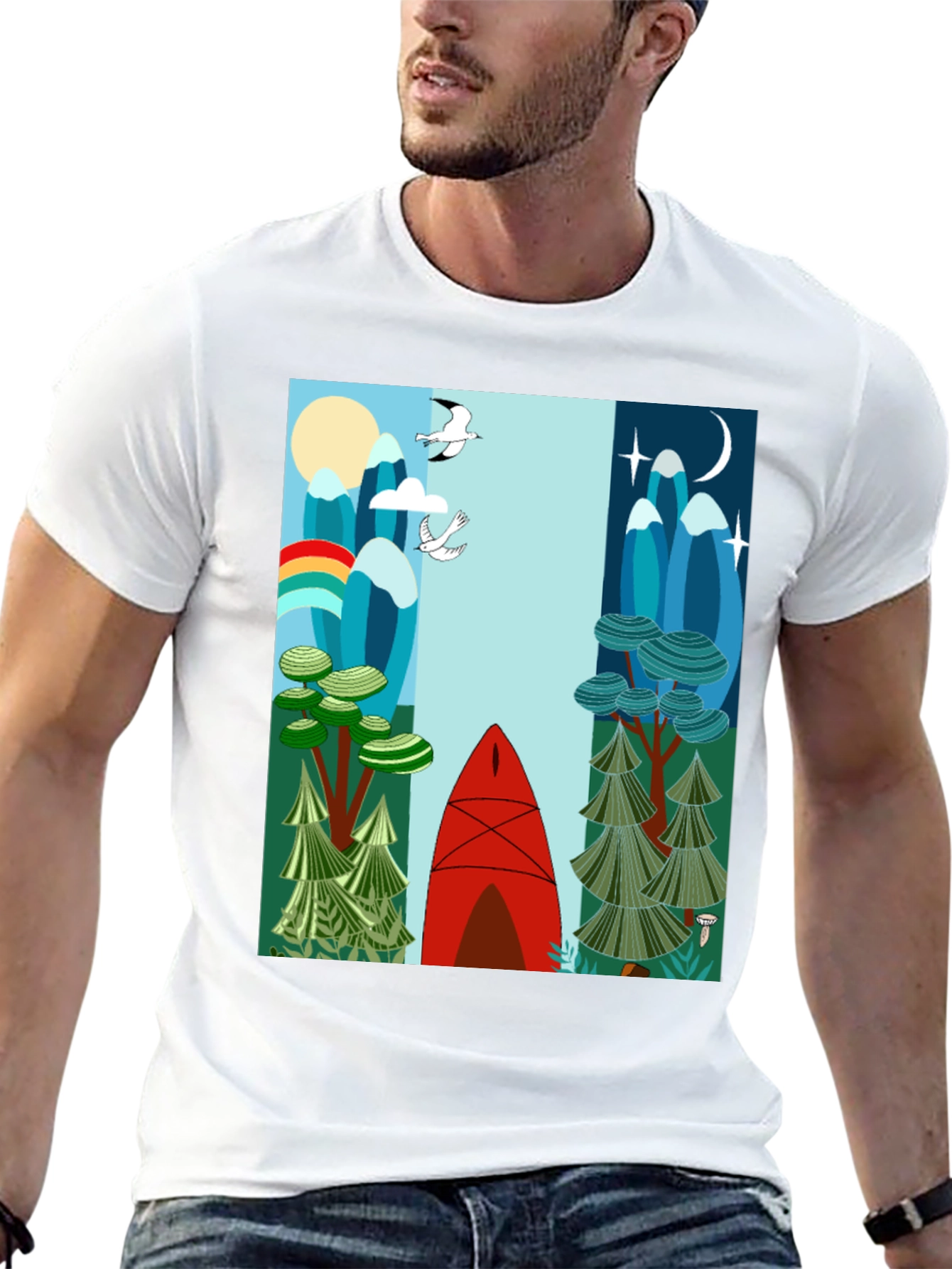 Nature-Inspired Graphic Tee - Day & Night Canoe Design