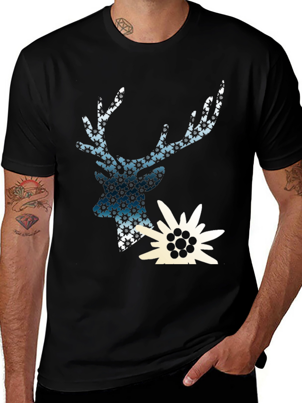 Deer & Edelweiss Graphic Black T-Shirt