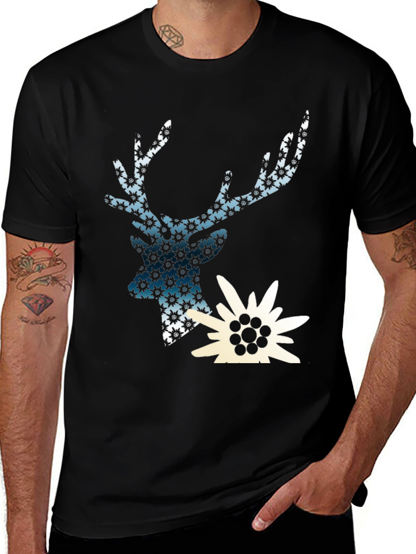 Deer & Edelweiss Graphic Black T-Shirt