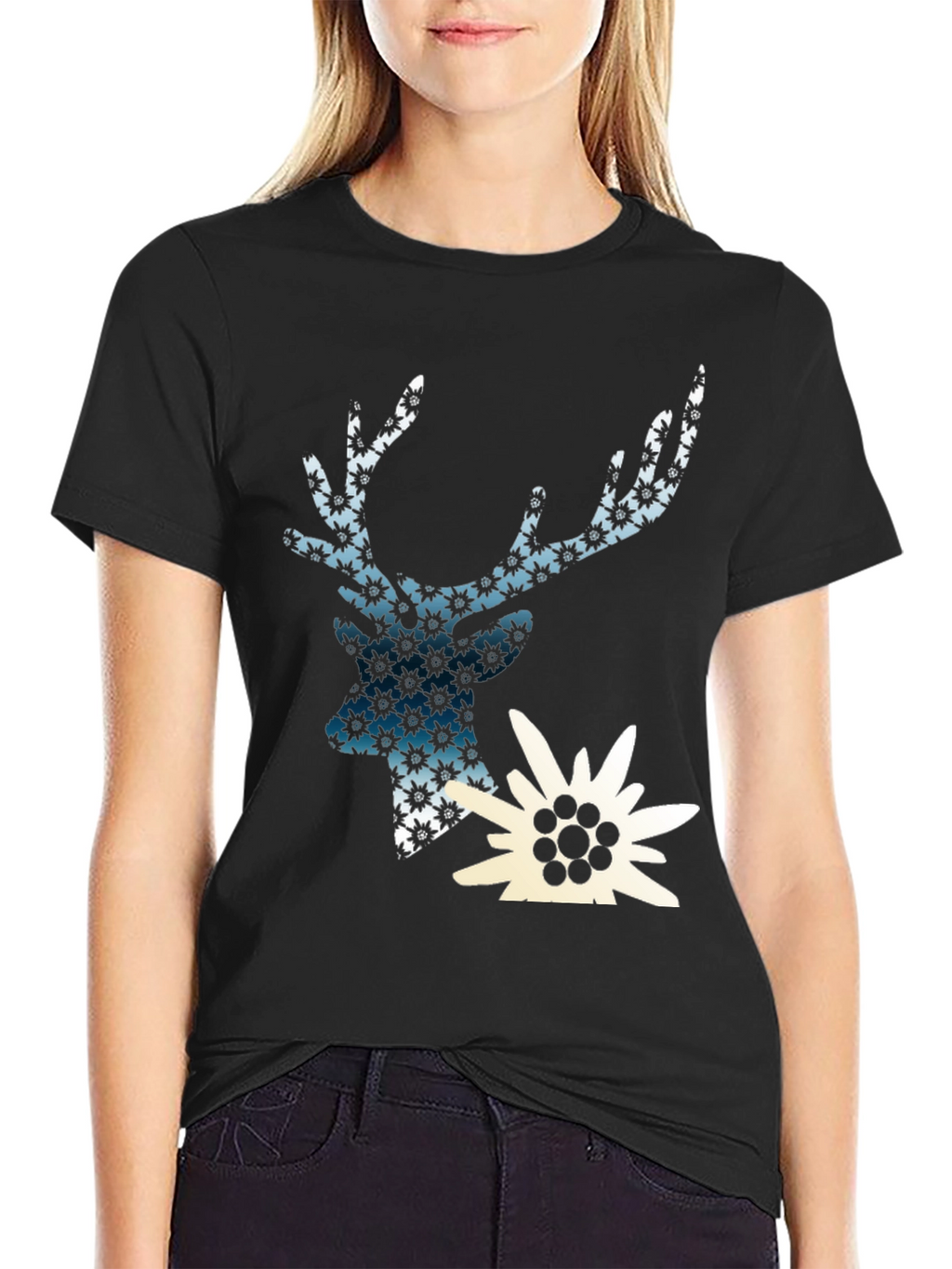 Deer & Edelweiss Graphic Black T-Shirt