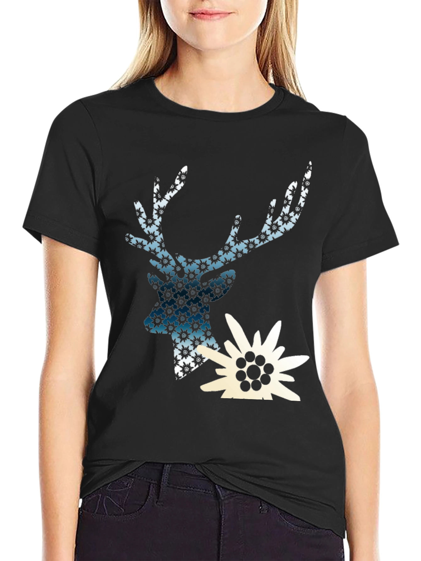Deer & Edelweiss Graphic Black T-Shirt