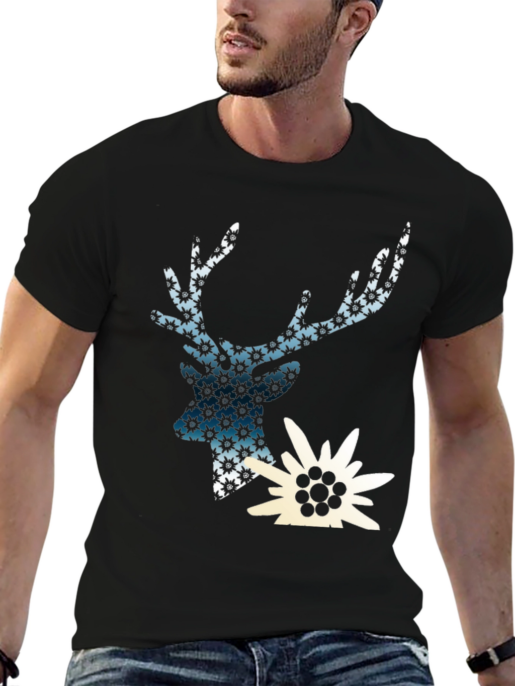 Deer & Edelweiss Graphic Black T-Shirt
