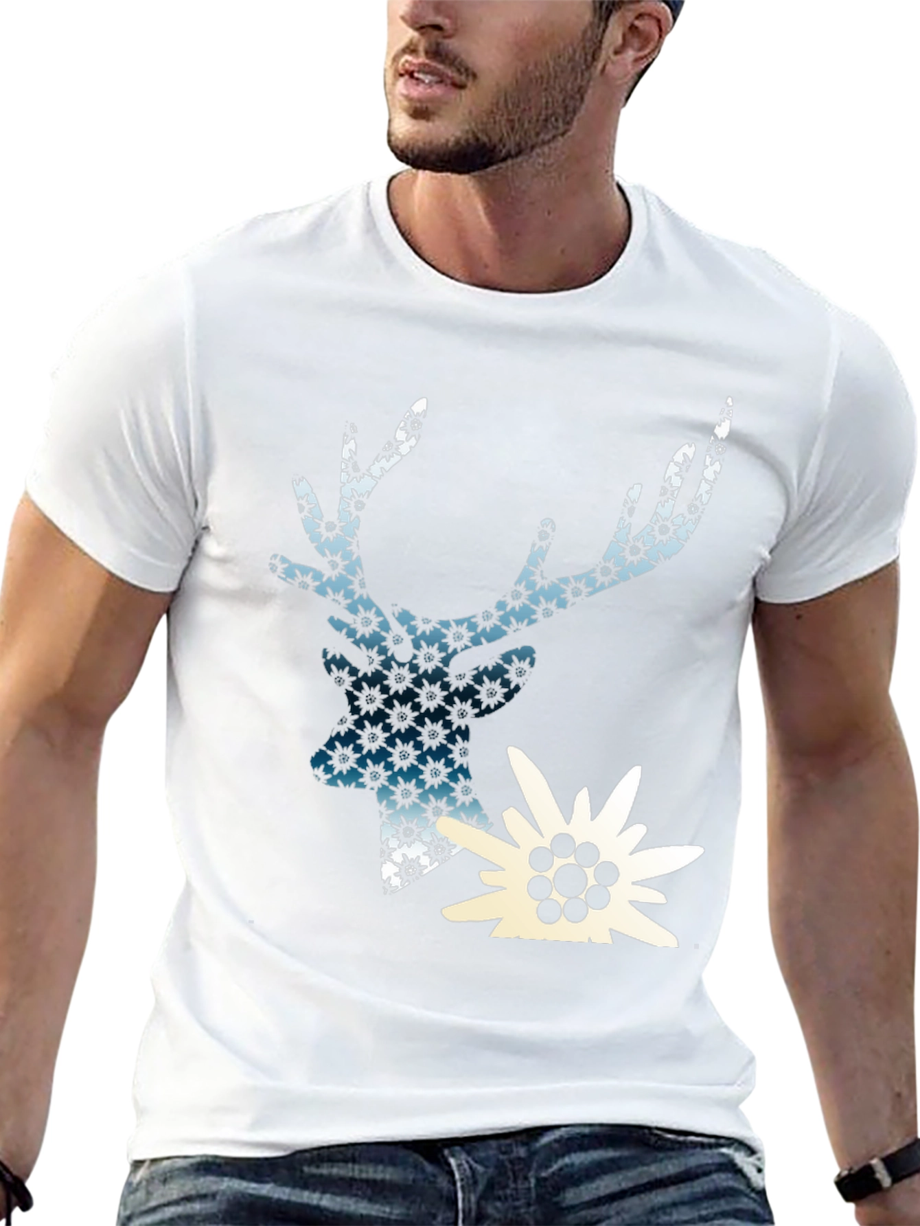 Deer & Edelweiss Graphic Black T-Shirt
