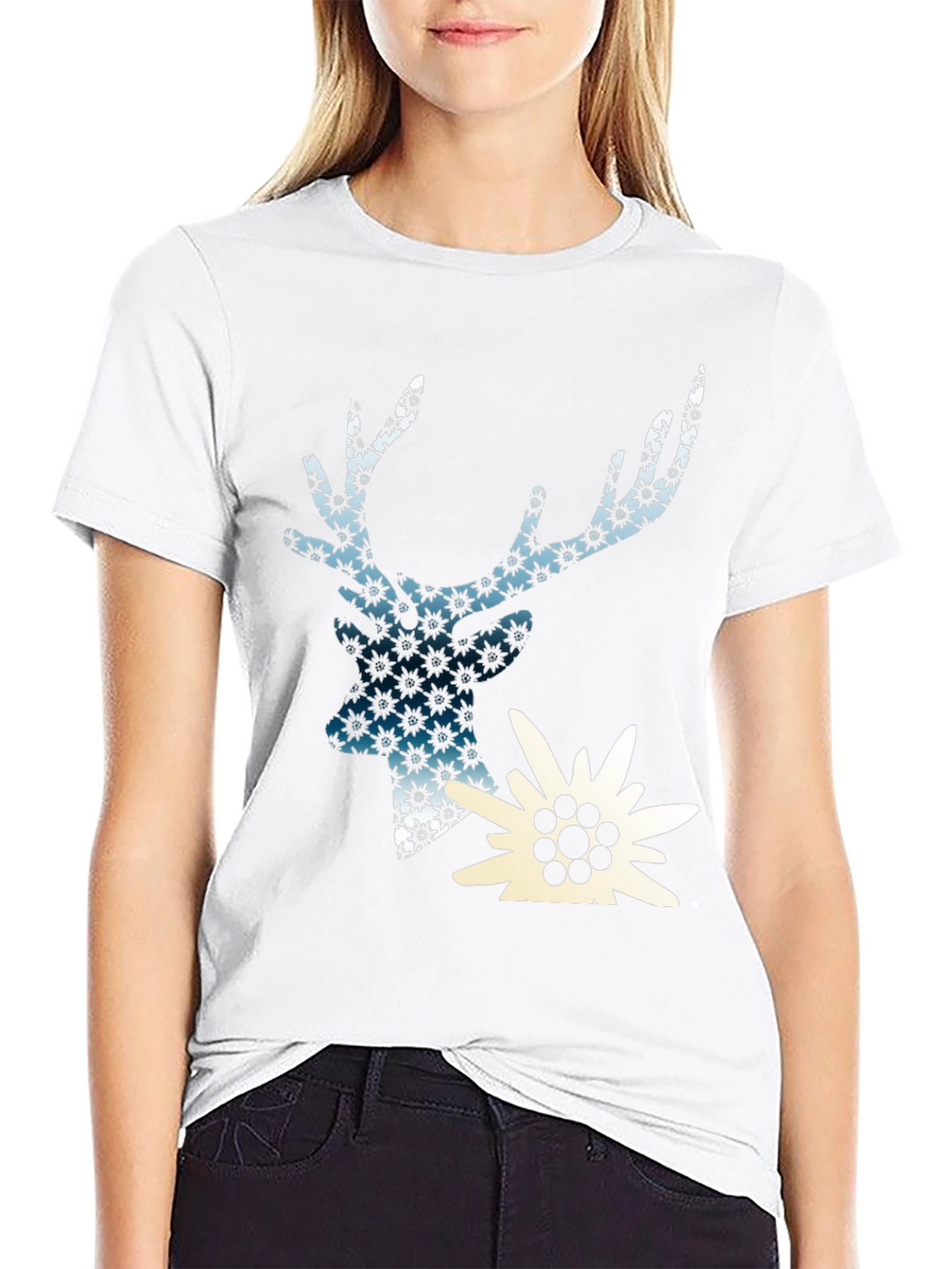 Deer & Edelweiss Graphic Black T-Shirt