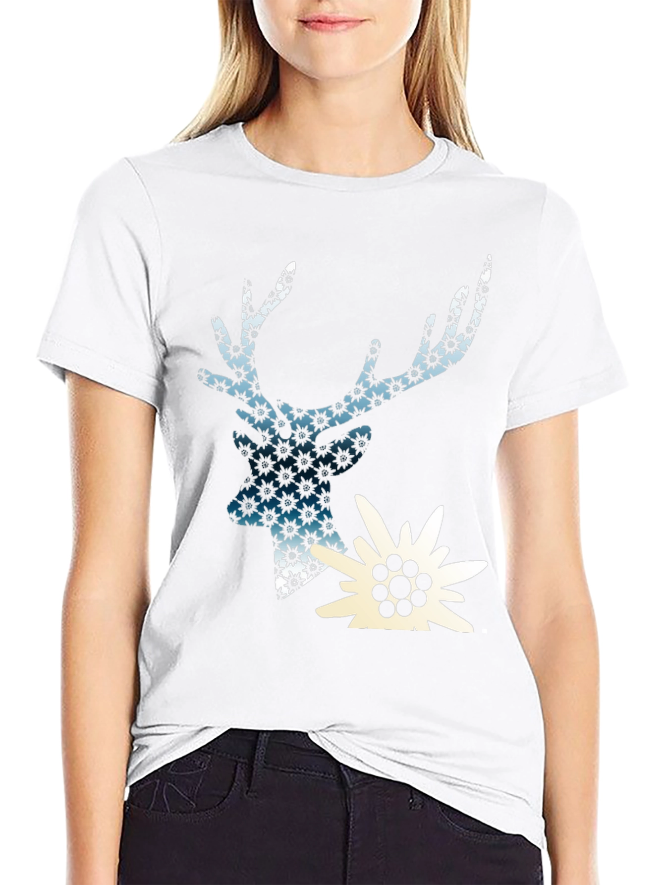 Deer & Edelweiss Graphic Black T-Shirt