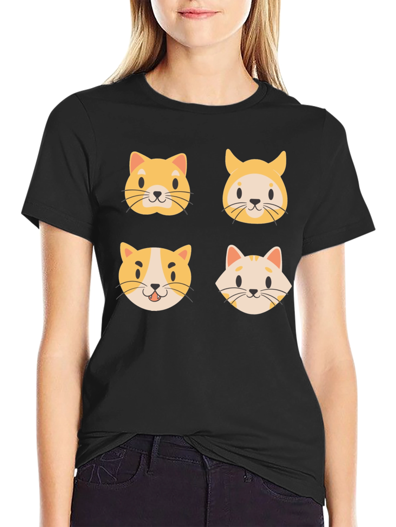 Cute Cat Faces Black T-Shirt