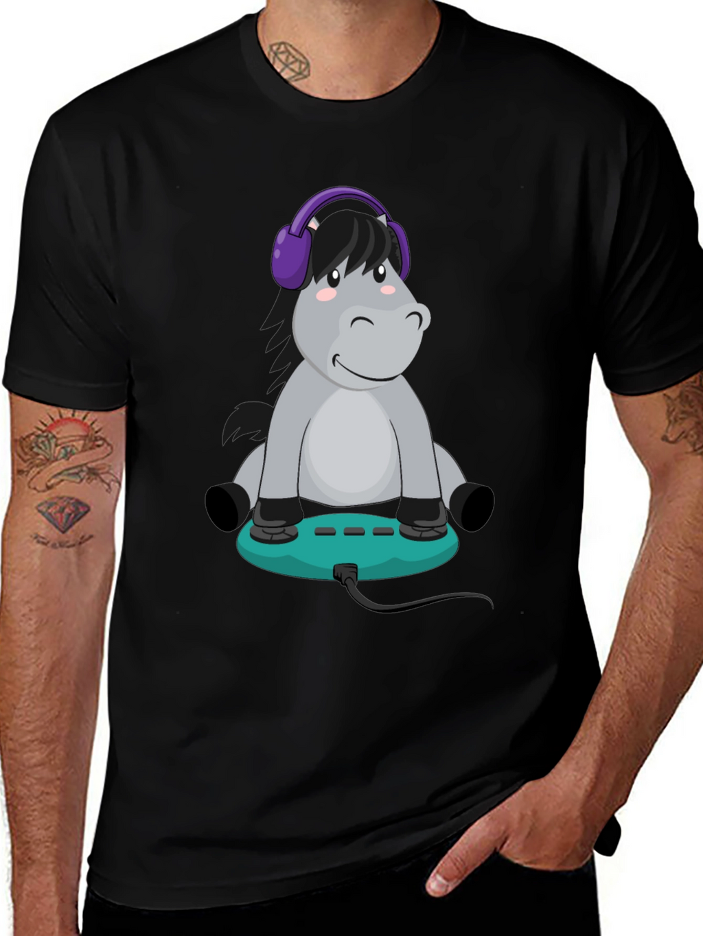Cartoon Donkey Headphone Gamer Black T-Shirt
