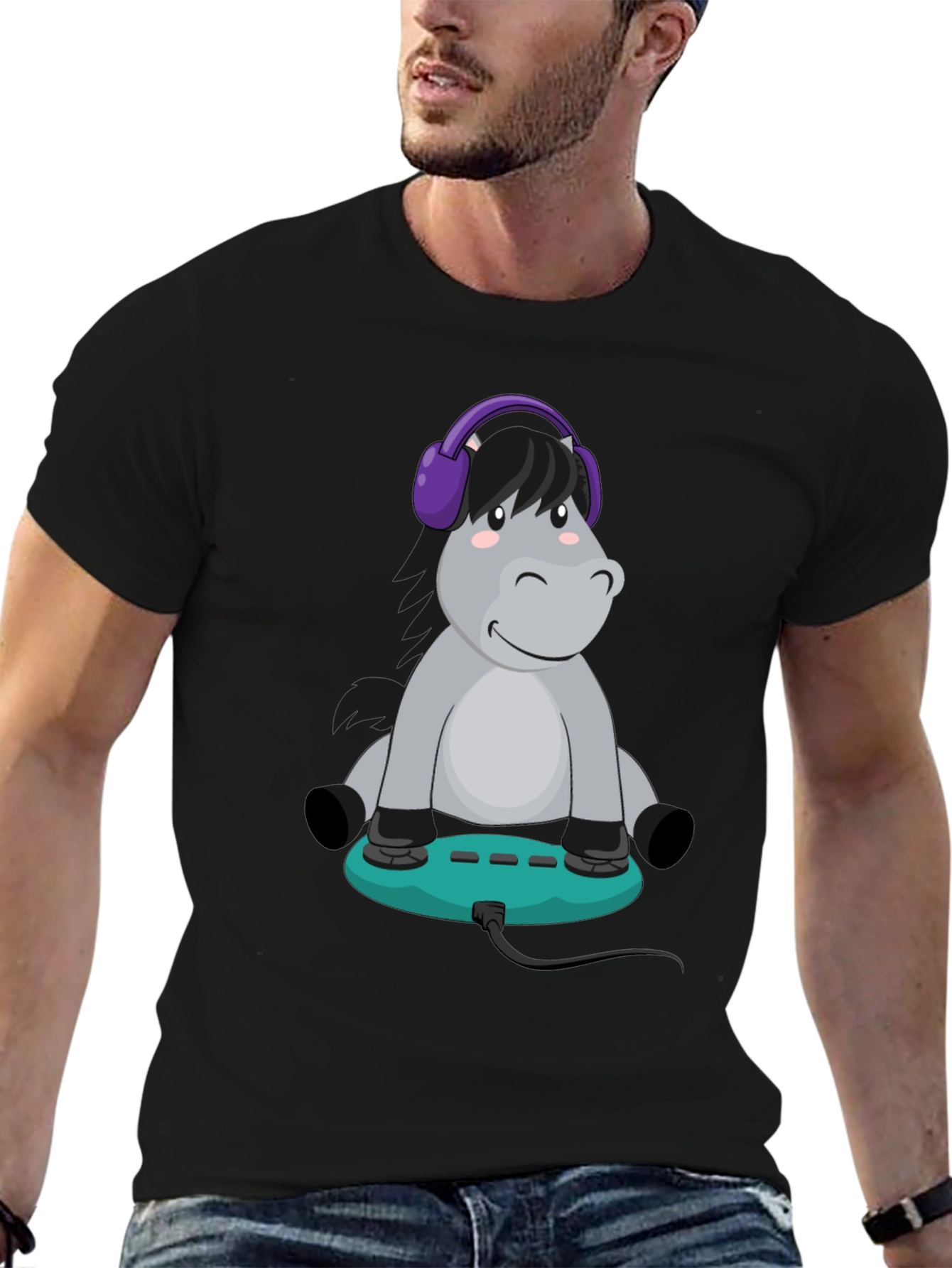 Cartoon Donkey Headphone Gamer Black T-Shirt